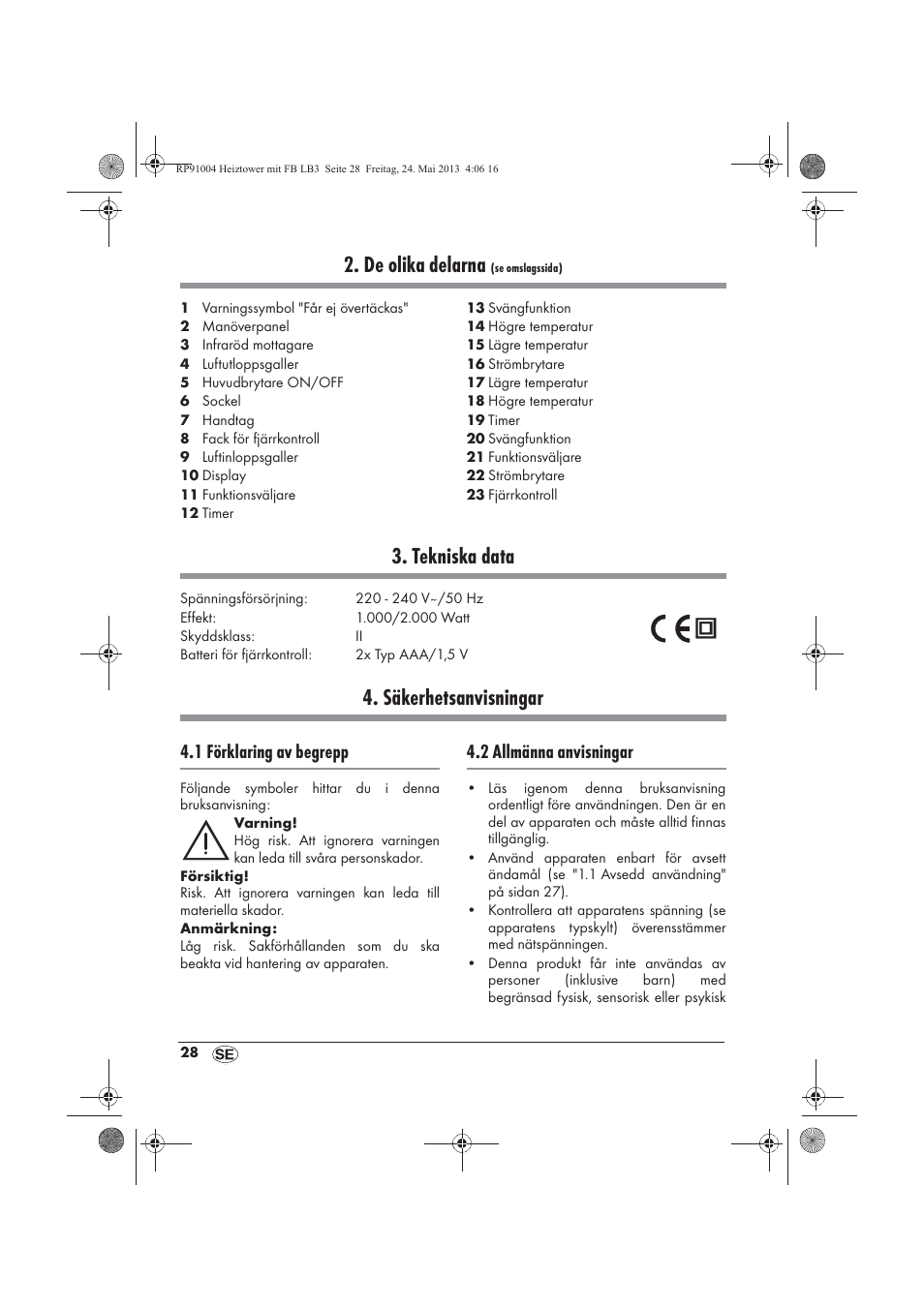 De olika delarna, Tekniska data, Säkerhetsanvisningar | 1 förklaring av begrepp, 2 allmänna anvisningar | Silvercrest SHT 2000 A1 User Manual | Page 30 / 90