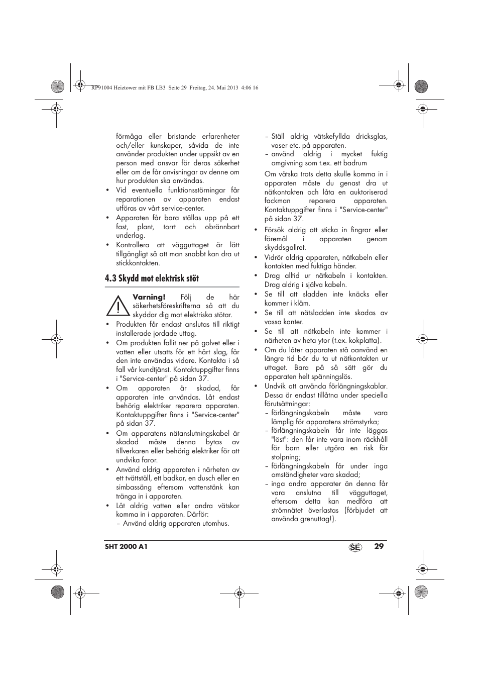 3 skydd mot elektrisk stöt | Silvercrest SHT 2000 A1 User Manual | Page 31 / 90