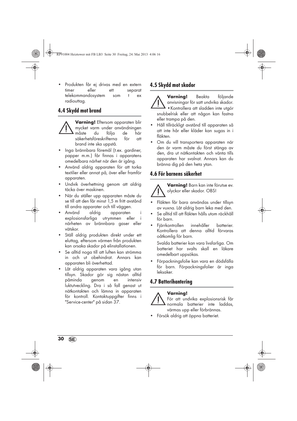 4 skydd mot brand, 5 skydd mot skador, 6 för barnens säkerhet | 7 batterihantering | Silvercrest SHT 2000 A1 User Manual | Page 32 / 90