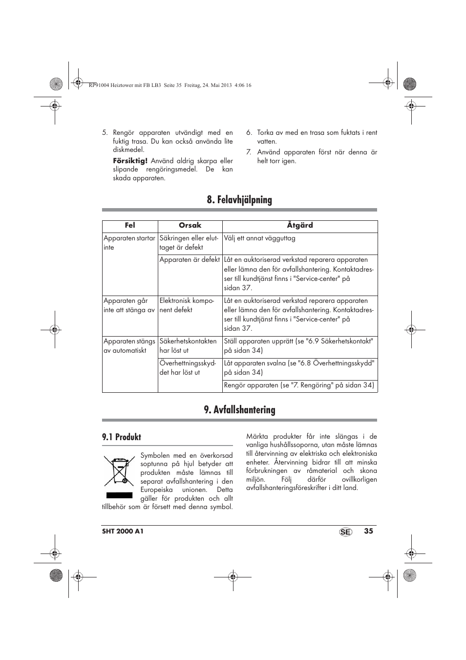 Felavhjälpning 9. avfallshantering, 1 produkt | Silvercrest SHT 2000 A1 User Manual | Page 37 / 90