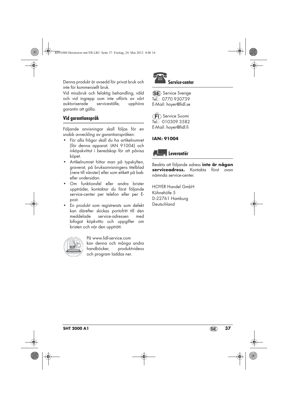 Vid garantianspråk, Service-center, Leverantör | Silvercrest SHT 2000 A1 User Manual | Page 39 / 90
