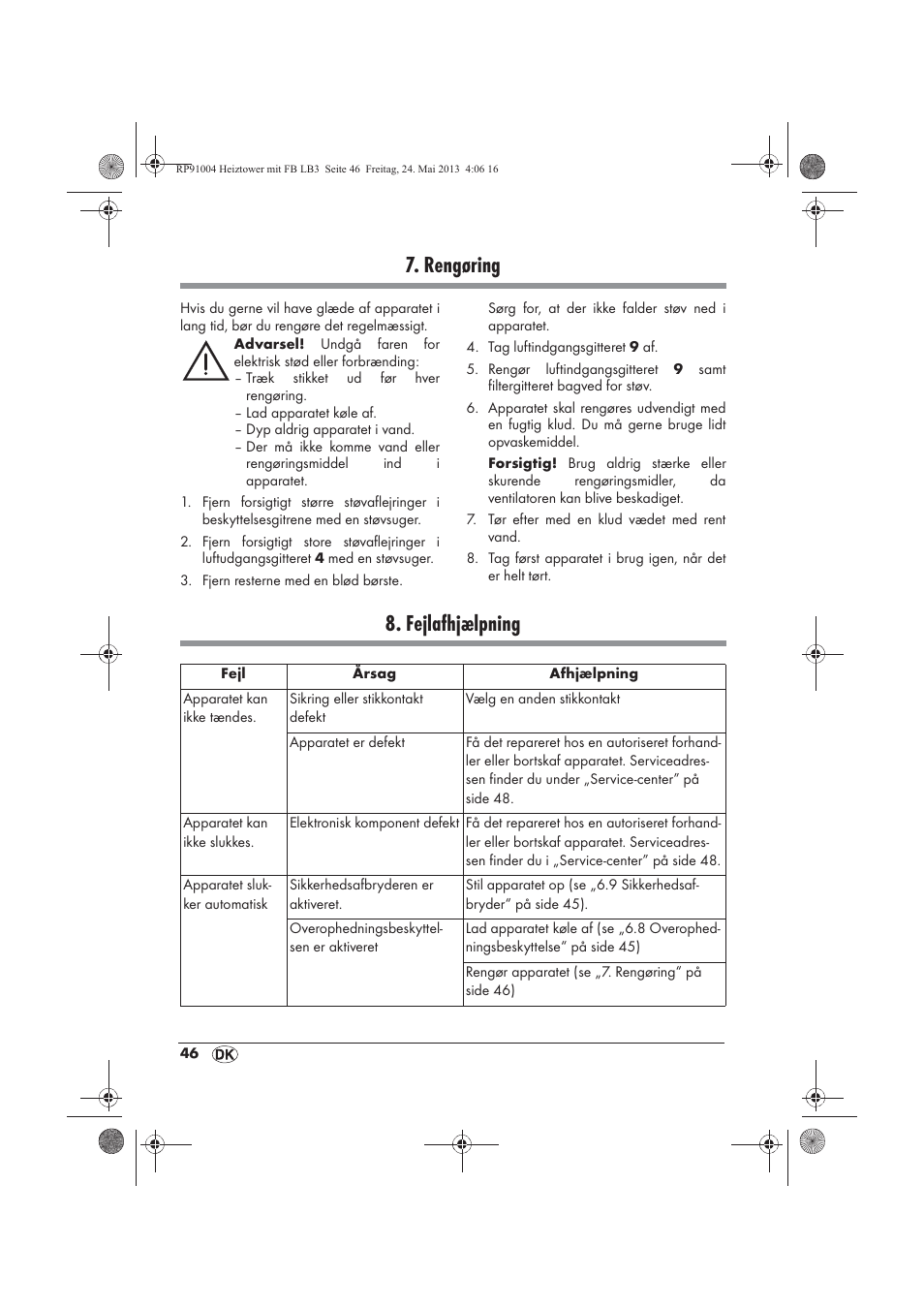 Rengøring, Fejlafhjælpning | Silvercrest SHT 2000 A1 User Manual | Page 48 / 90