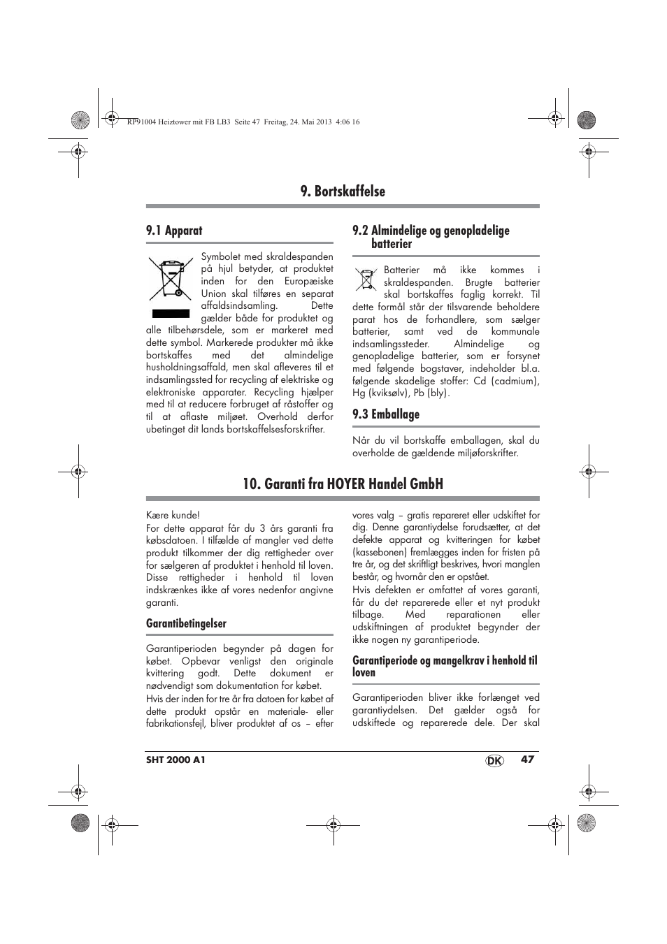 Bortskaffelse, Garanti fra hoyer handel gmbh | Silvercrest SHT 2000 A1 User Manual | Page 49 / 90
