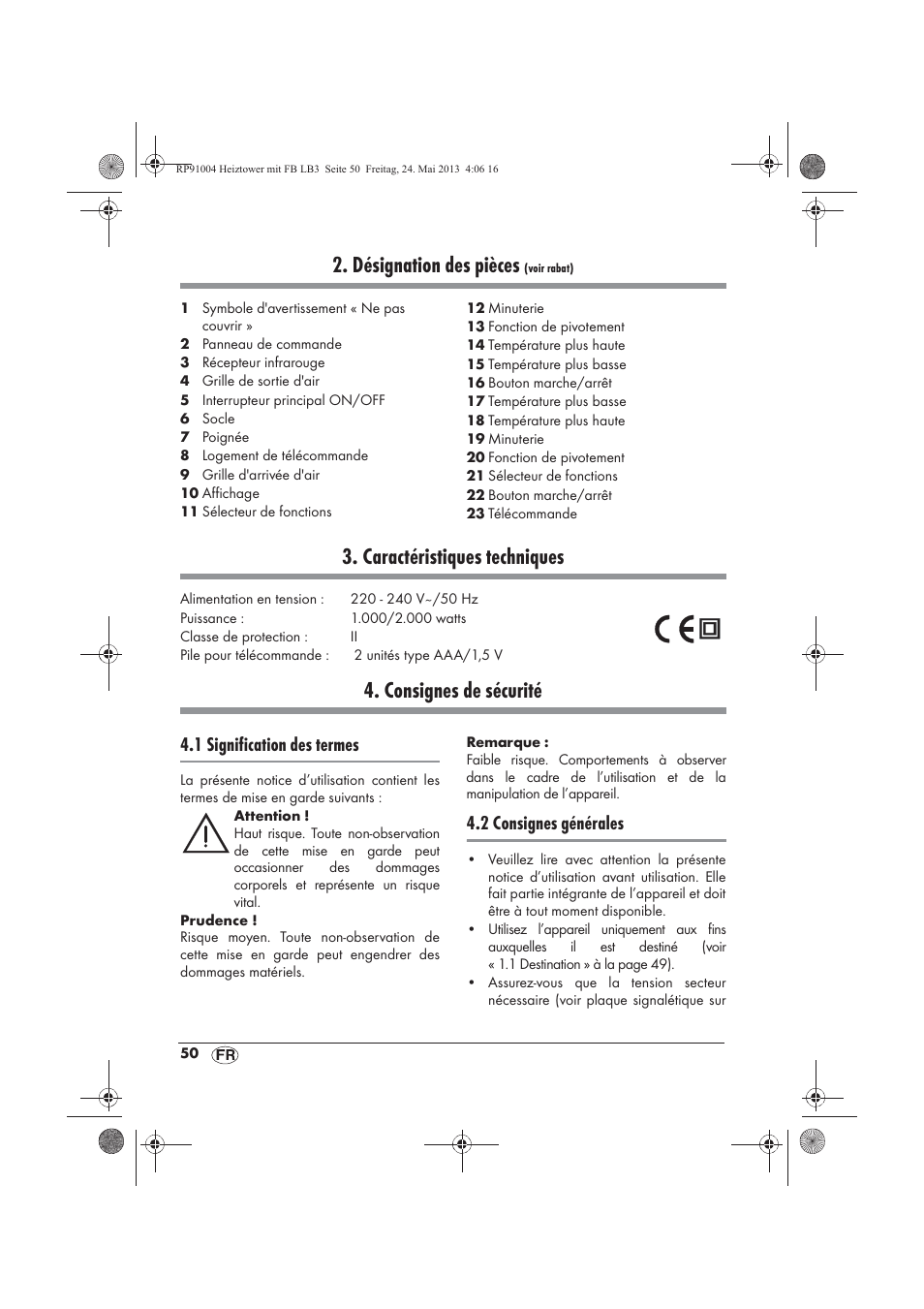 Désignation des pièces, Caractéristiques techniques, Consignes de sécurité | 1 signification des termes, 2 consignes générales | Silvercrest SHT 2000 A1 User Manual | Page 52 / 90