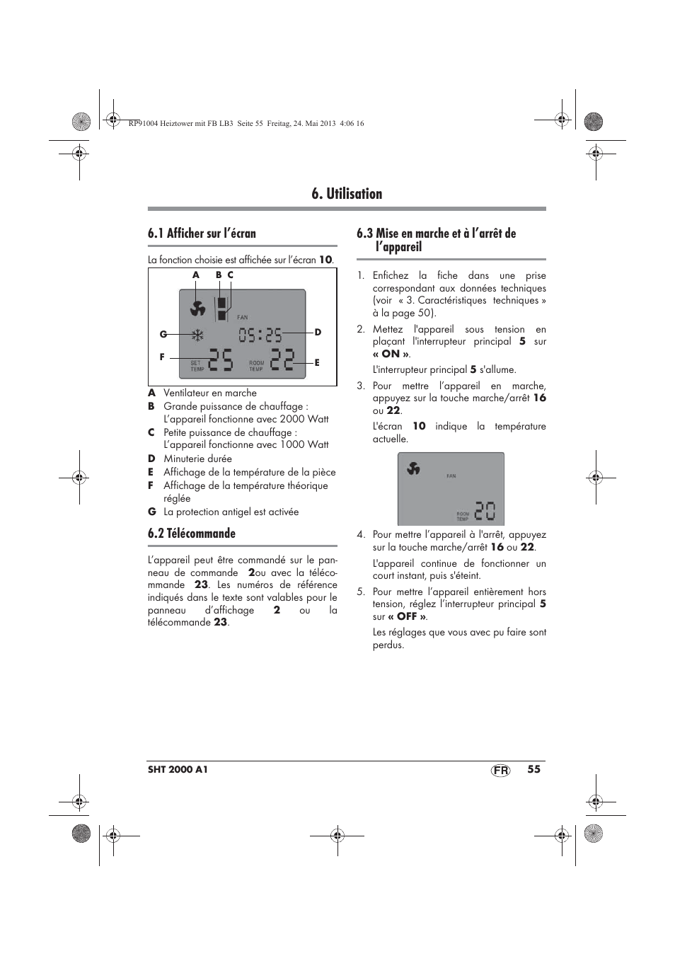 Utilisation, 1 afficher sur l’écran, 2 télécommande | 3 mise en marche et à l’arrêt de l’appareil | Silvercrest SHT 2000 A1 User Manual | Page 57 / 90