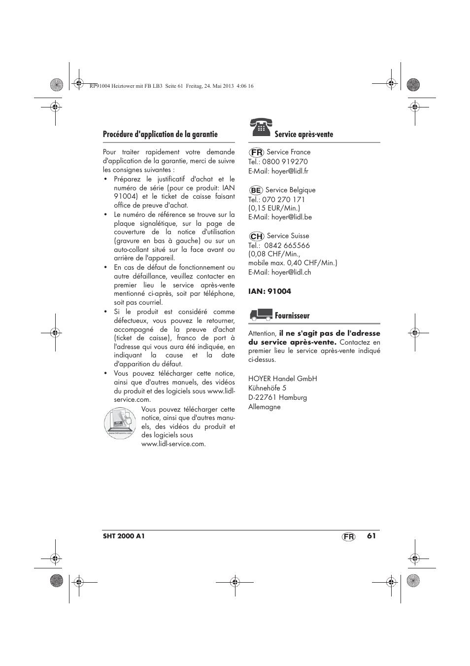 Procédure d'application de la garantie, Service après-vente, Fournisseur | Silvercrest SHT 2000 A1 User Manual | Page 63 / 90