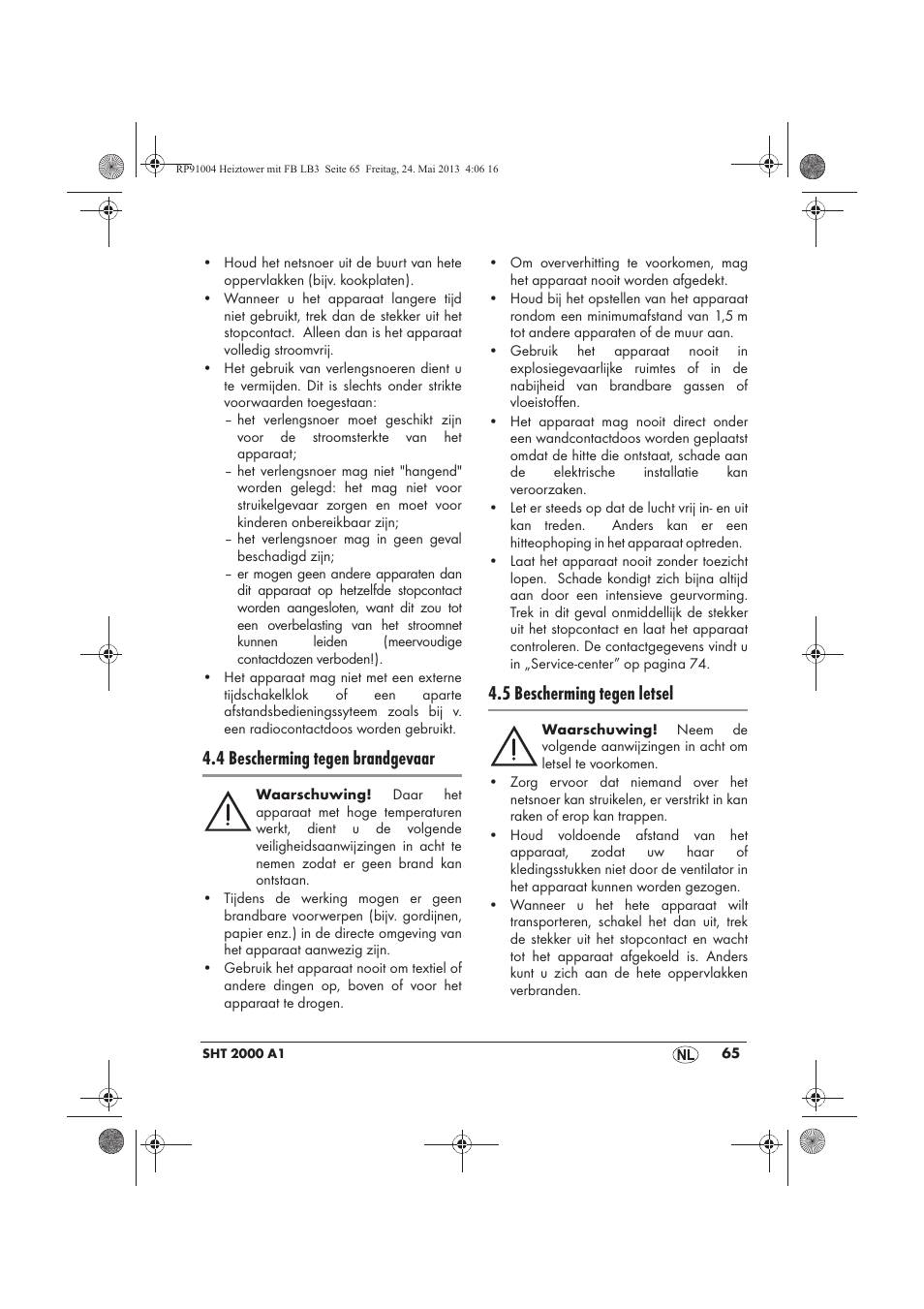 4 bescherming tegen brandgevaar, 5 bescherming tegen letsel | Silvercrest SHT 2000 A1 User Manual | Page 67 / 90