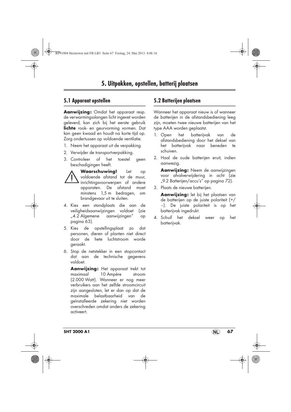 Uitpakken, opstellen, batterij plaatsen, 1 apparaat opstellen, 2 batterijen plaatsen | Silvercrest SHT 2000 A1 User Manual | Page 69 / 90
