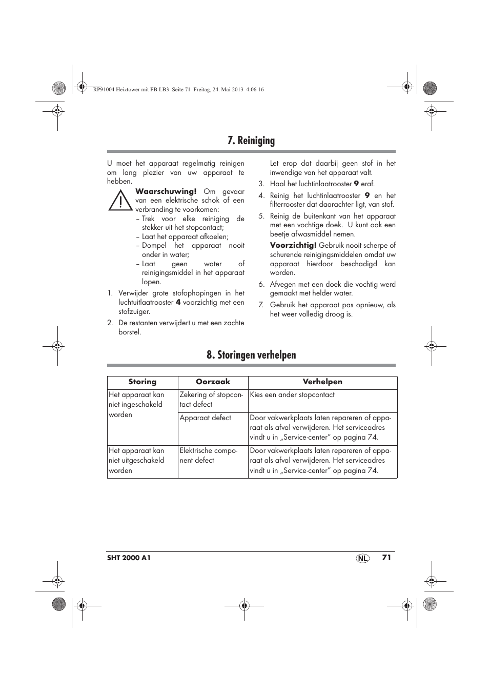Reiniging, Storingen verhelpen | Silvercrest SHT 2000 A1 User Manual | Page 73 / 90