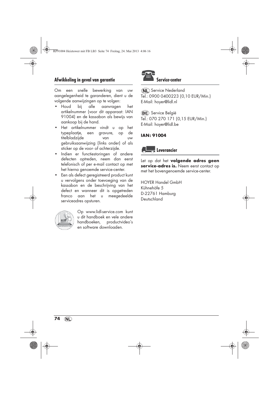 Afwikkeling in geval van garantie, Service-center, Leverancier | Silvercrest SHT 2000 A1 User Manual | Page 76 / 90