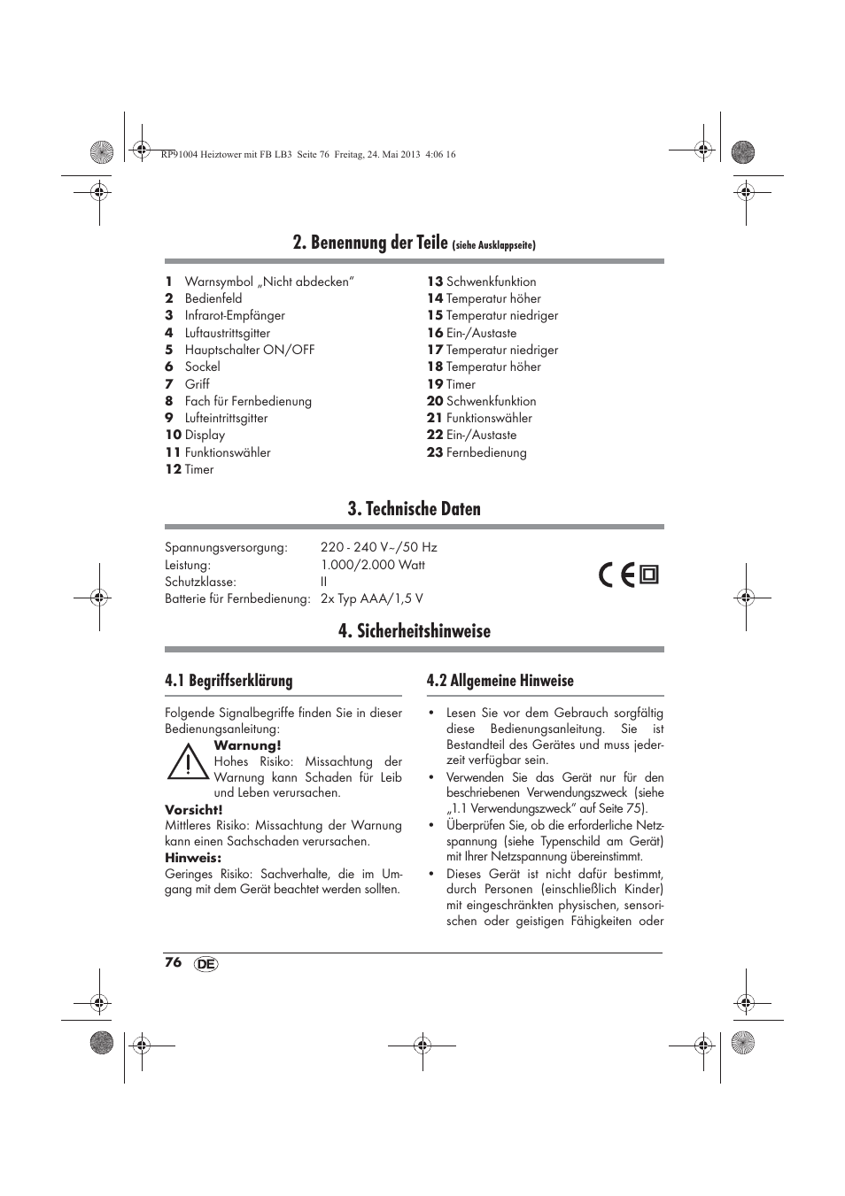 Benennung der teile, Technische daten, Sicherheitshinweise | 1 begriffserklärung, 2 allgemeine hinweise | Silvercrest SHT 2000 A1 User Manual | Page 78 / 90