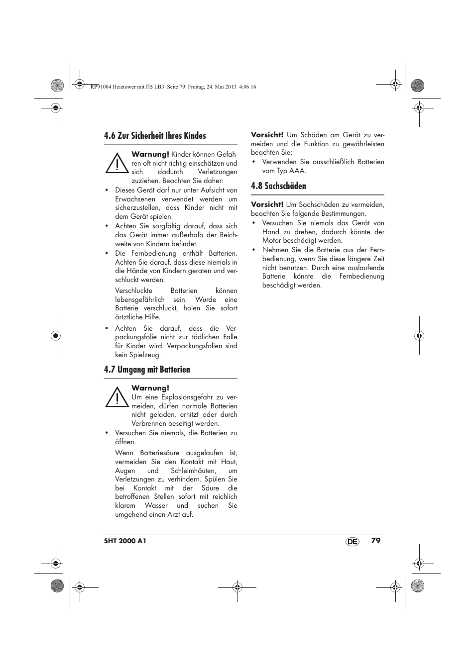 6 zur sicherheit ihres kindes, 7 umgang mit batterien, 8 sachschäden | Silvercrest SHT 2000 A1 User Manual | Page 81 / 90