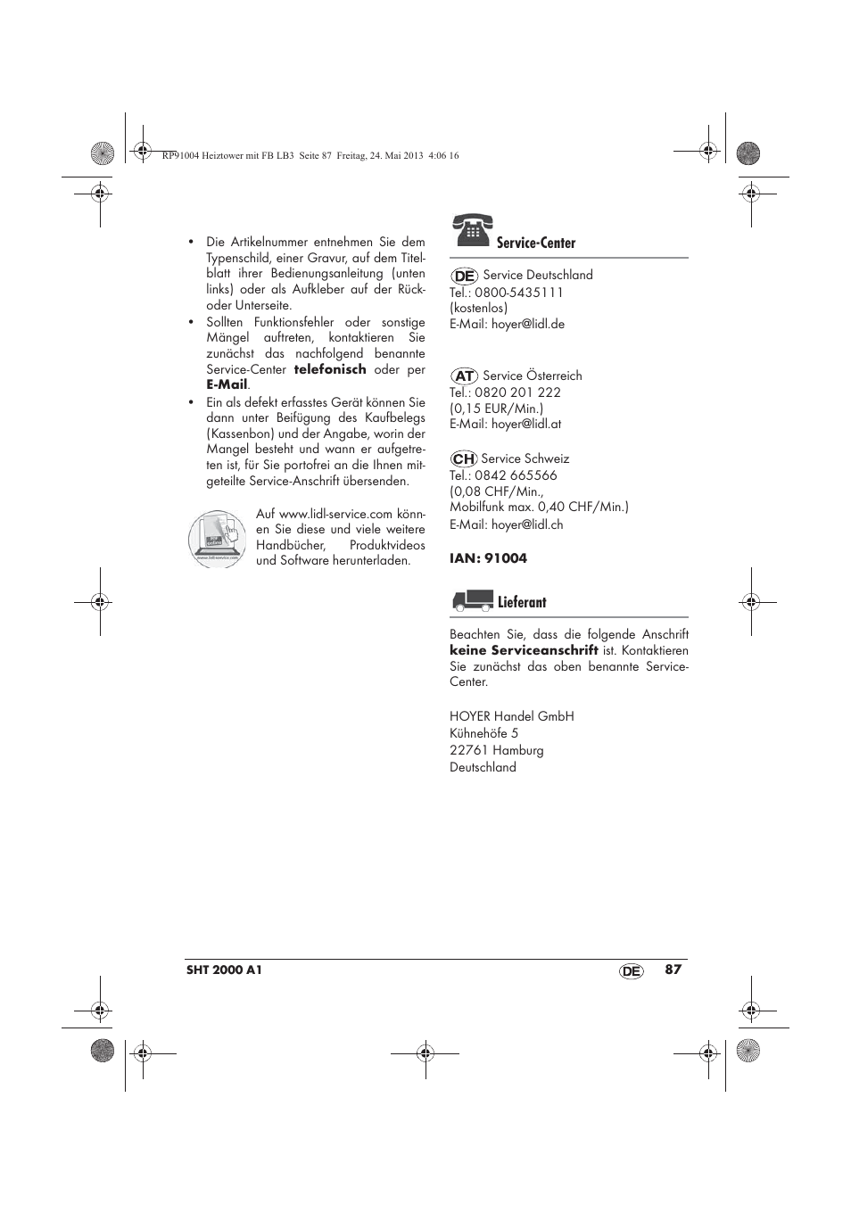Service-center, Lieferant | Silvercrest SHT 2000 A1 User Manual | Page 89 / 90