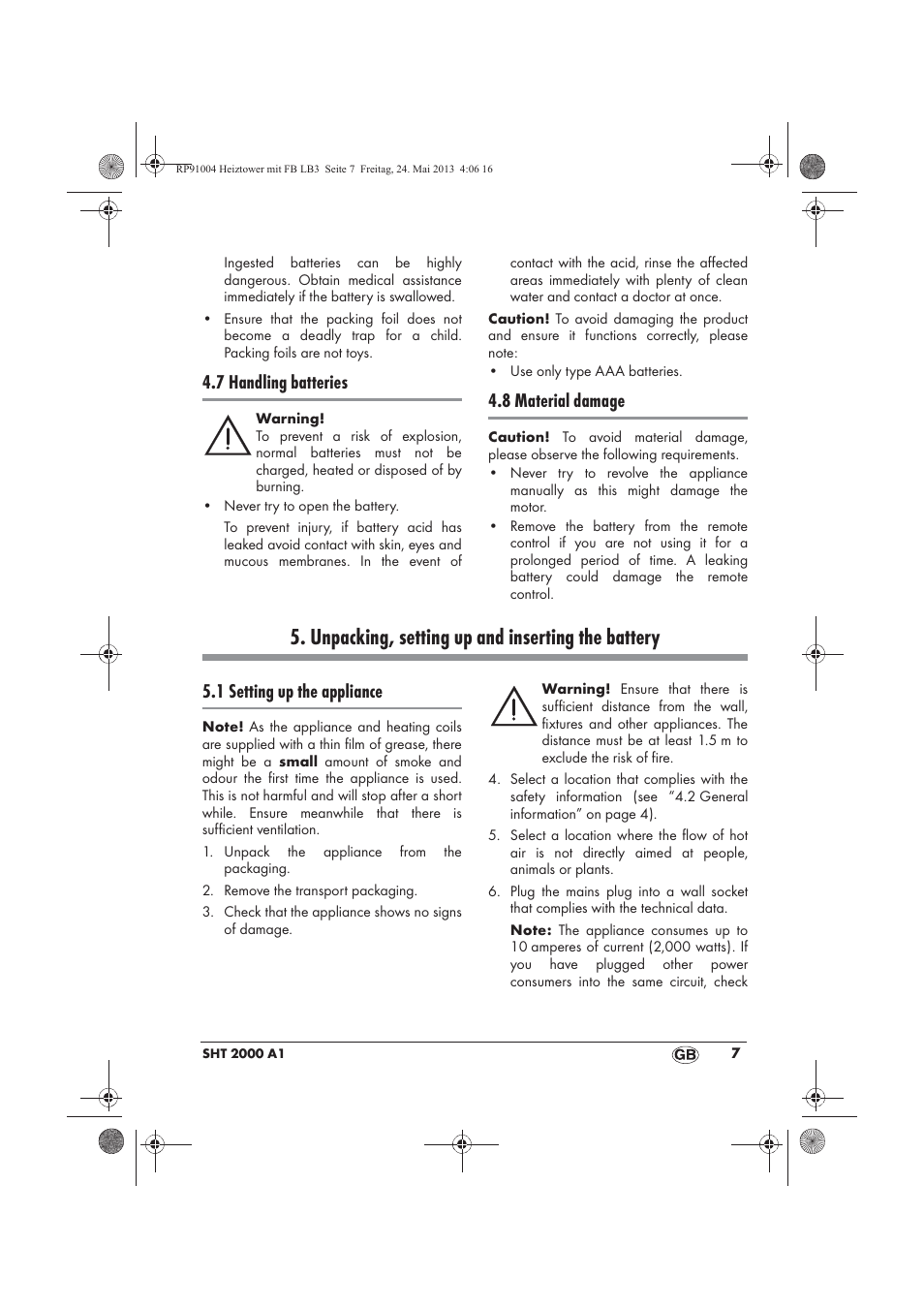 Unpacking, setting up and inserting the battery, 7 handling batteries, 8 material damage | 1 setting up the appliance | Silvercrest SHT 2000 A1 User Manual | Page 9 / 90