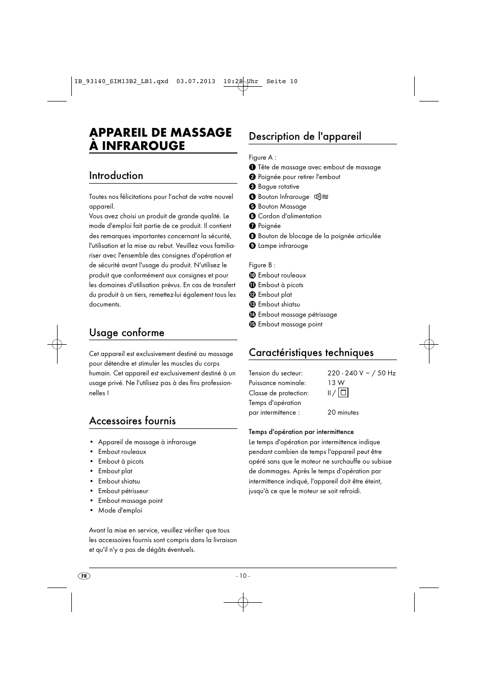 Appareil de massage à infrarouge, Introduction, Usage conforme | Accessoires fournis, Description de l'appareil, Caractéristiques techniques | Silvercrest SIM 13 B2 User Manual | Page 13 / 43