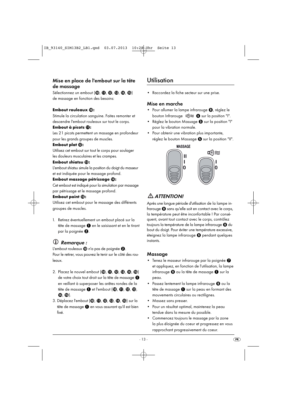 Utilisation, Mise en place de l'embout sur la tête de massage, Remarque | Mise en marche, Attention, Massage | Silvercrest SIM 13 B2 User Manual | Page 16 / 43