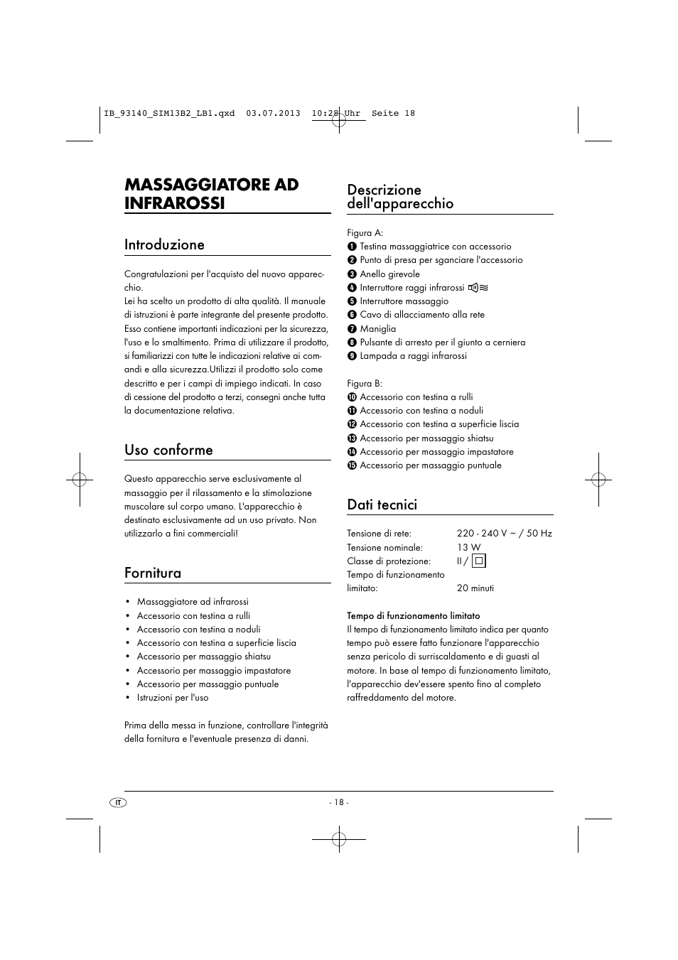 Massaggiatore ad infrarossi, Introduzione, Uso conforme | Fornitura, Descrizione dell'apparecchio, Dati tecnici | Silvercrest SIM 13 B2 User Manual | Page 21 / 43