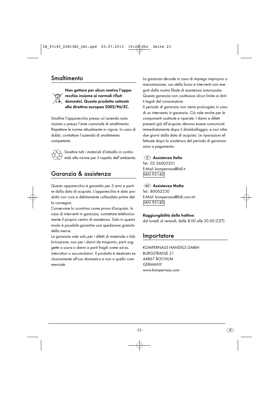 Smaltimento, Garanzia & assistenza, Importatore | Silvercrest SIM 13 B2 User Manual | Page 26 / 43