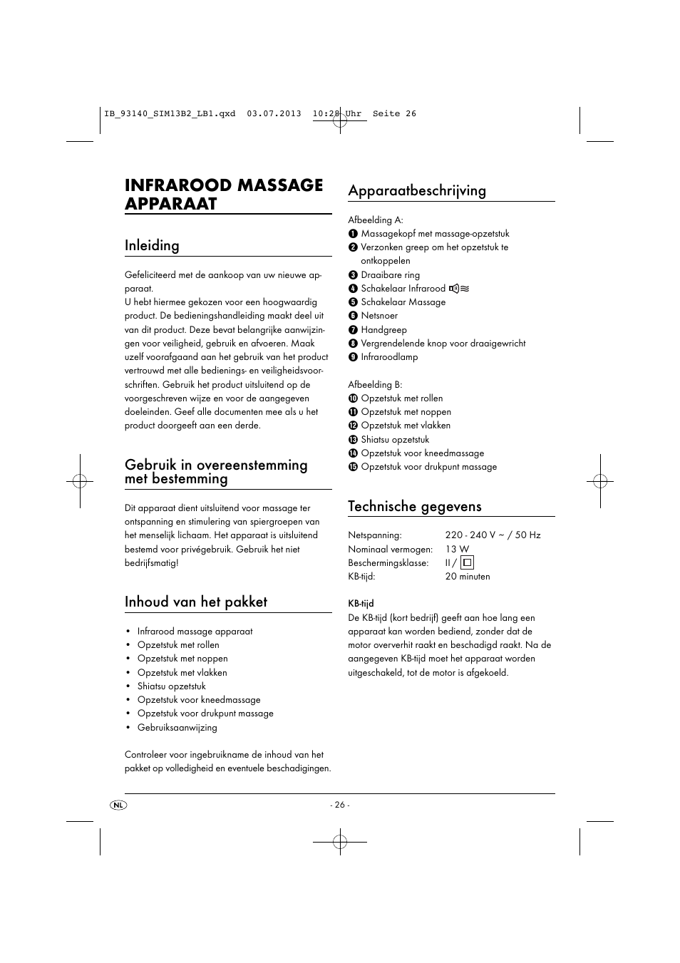 Infrarood massage apparaat, Inleiding, Gebruik in overeenstemming met bestemming | Inhoud van het pakket, Apparaatbeschrijving, Technische gegevens | Silvercrest SIM 13 B2 User Manual | Page 29 / 43