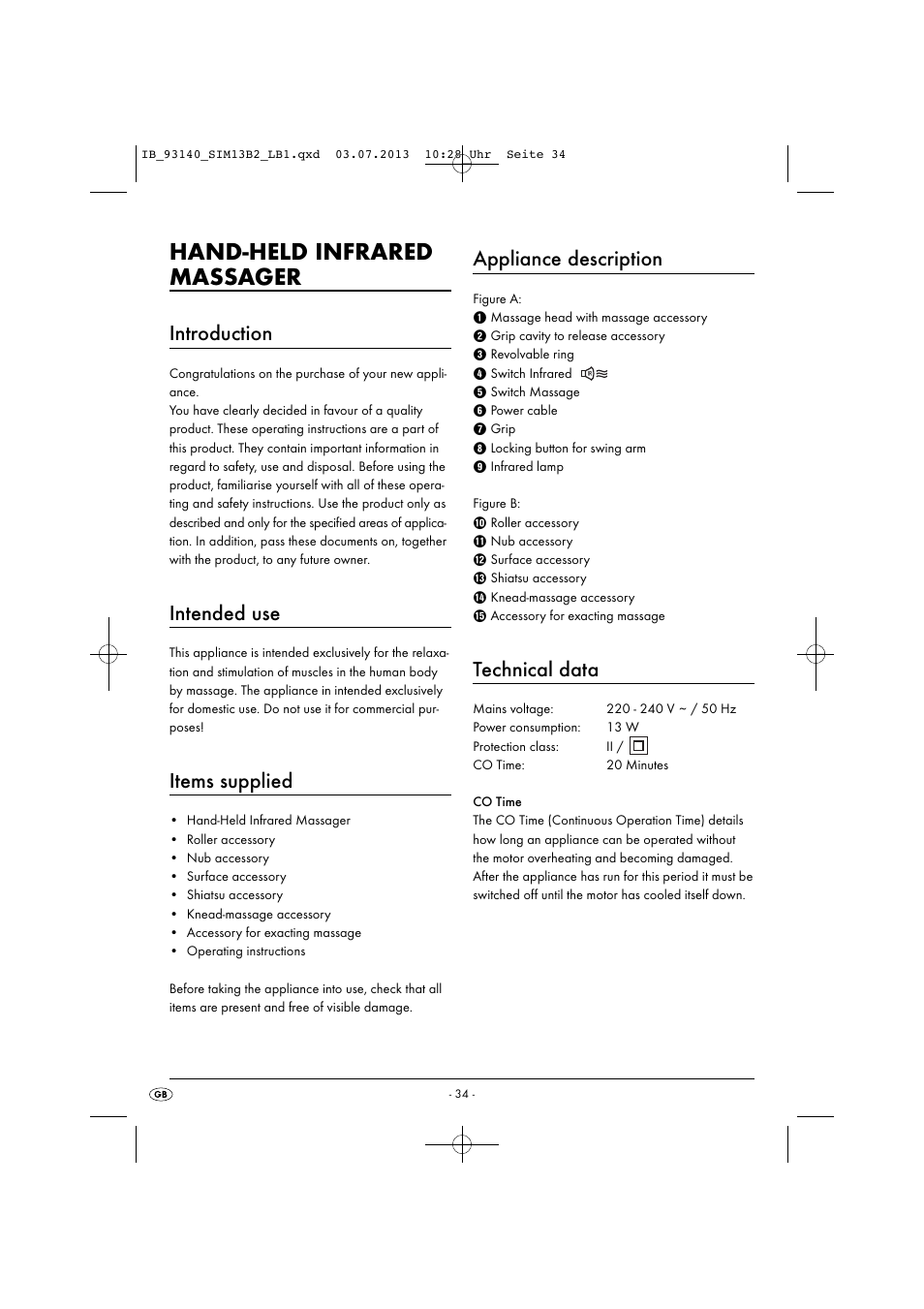 Hand-held infrared massager, Introduction, Intended use | Items supplied, Appliance description, Technical data | Silvercrest SIM 13 B2 User Manual | Page 37 / 43