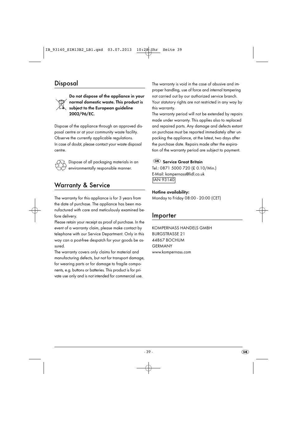 Disposal, Warranty & service, Importer | Silvercrest SIM 13 B2 User Manual | Page 42 / 43