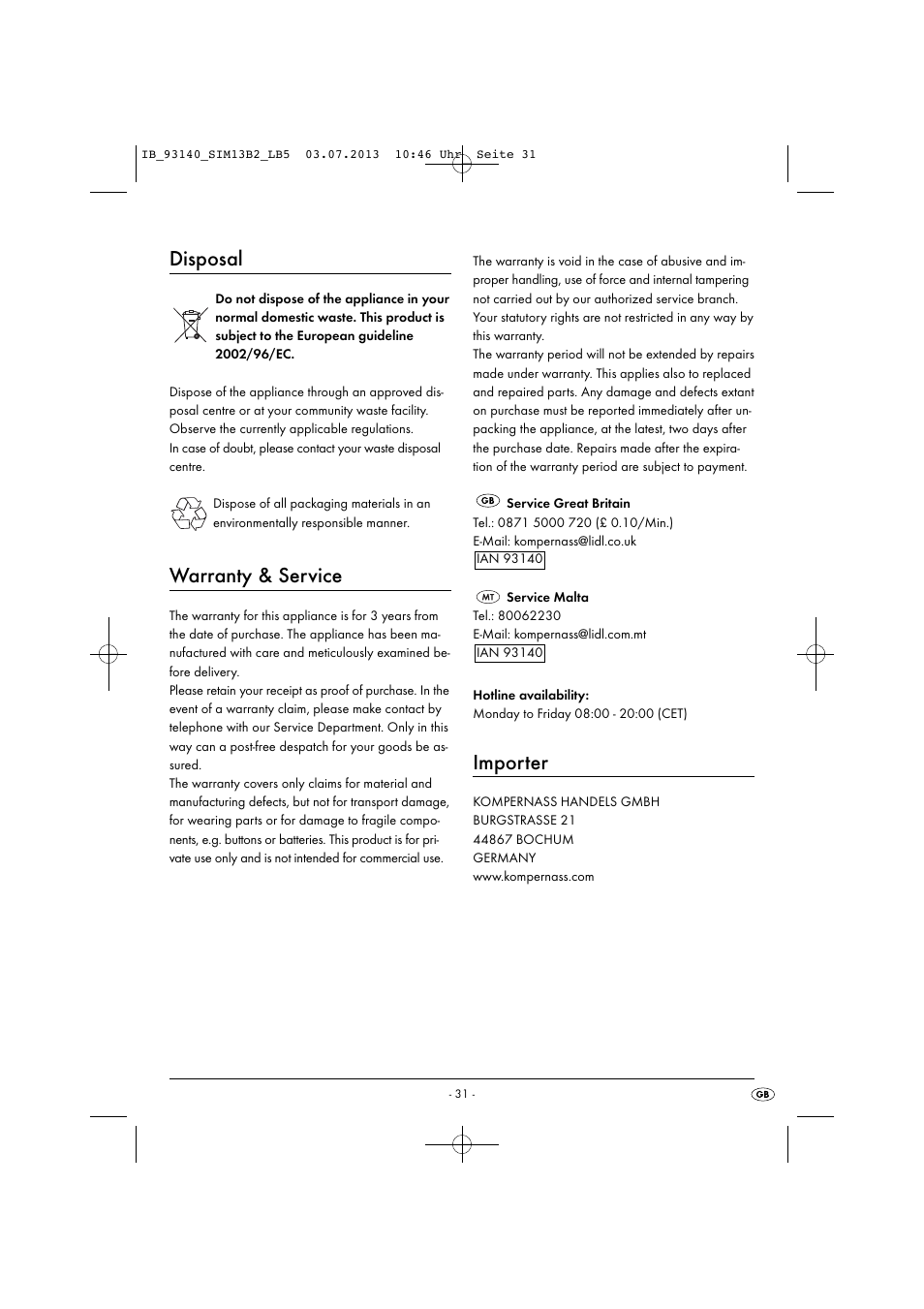 Disposal, Warranty & service, Importer | Silvercrest SIM 13 B2 User Manual | Page 34 / 43