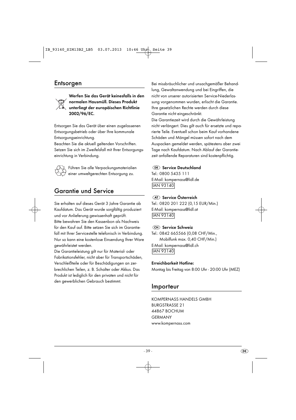 Entsorgen, Garantie und service, Importeur | Silvercrest SIM 13 B2 User Manual | Page 42 / 43