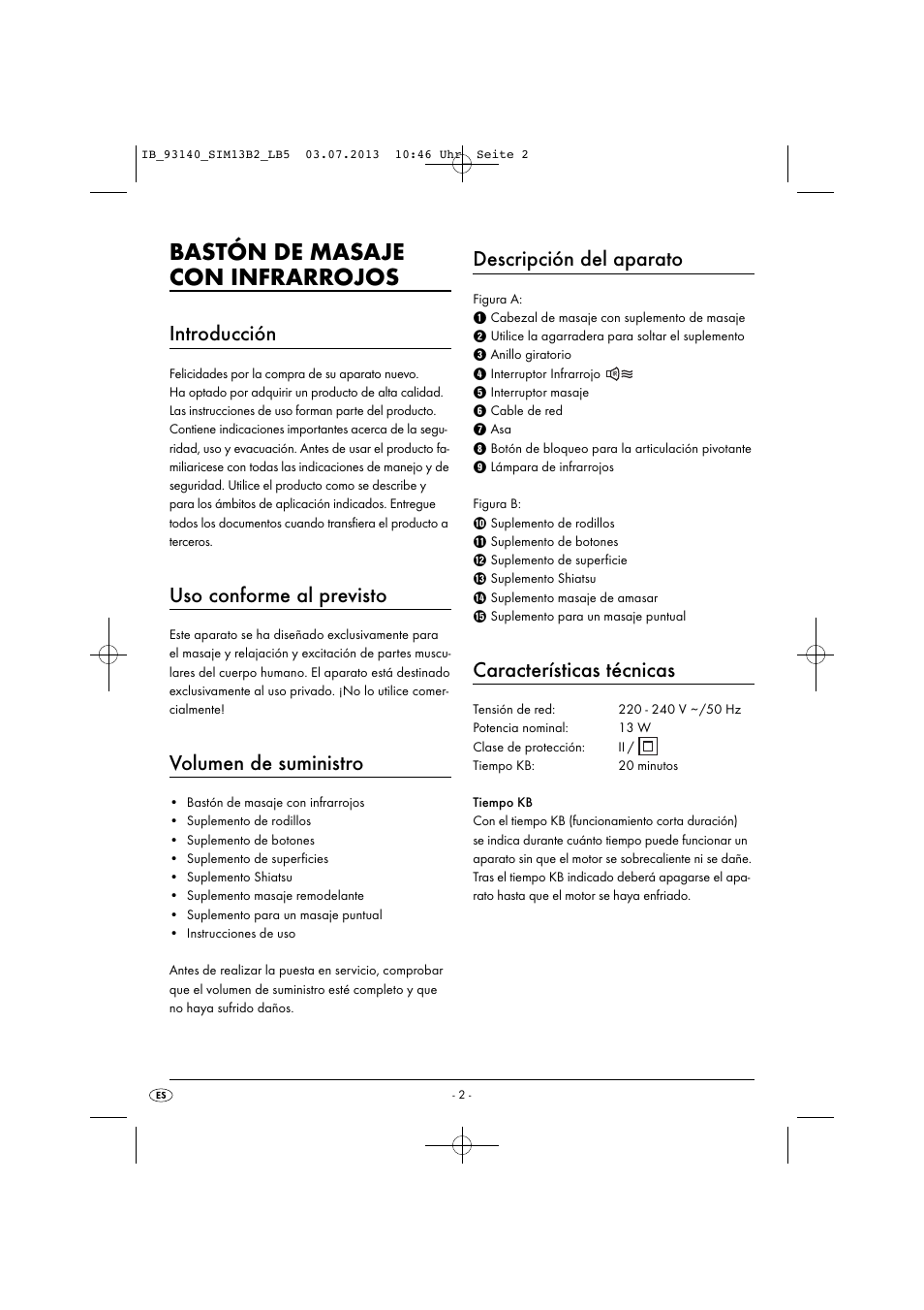 Bastón de masaje con infrarrojos, Introducción, Uso conforme al previsto | Volumen de suministro, Descripción del aparato, Características técnicas | Silvercrest SIM 13 B2 User Manual | Page 5 / 43