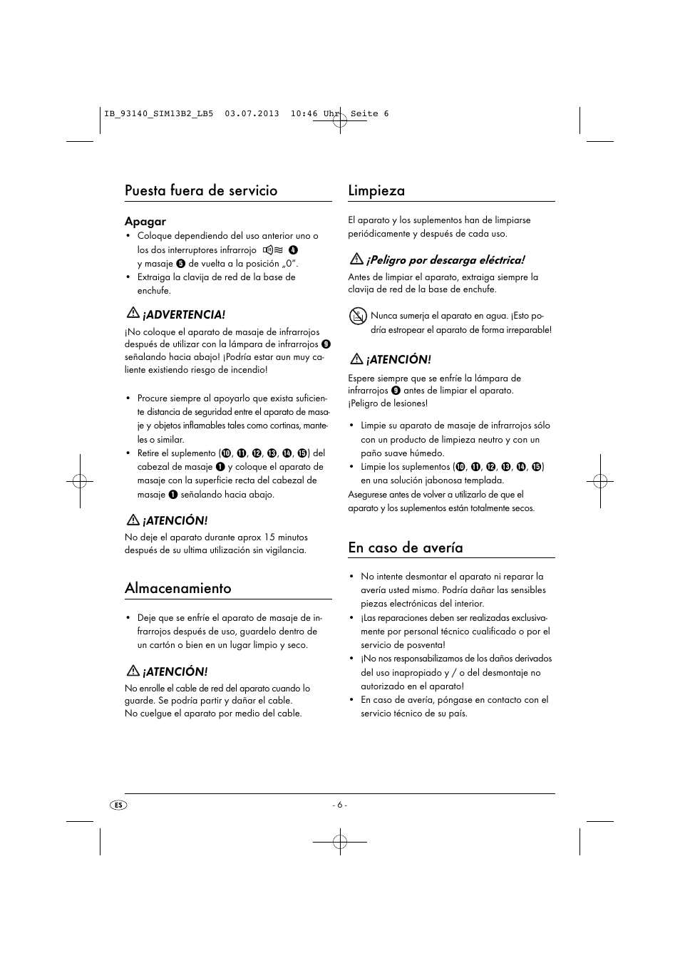 Puesta fuera de servicio, Almacenamiento, Limpieza | En caso de avería | Silvercrest SIM 13 B2 User Manual | Page 9 / 43