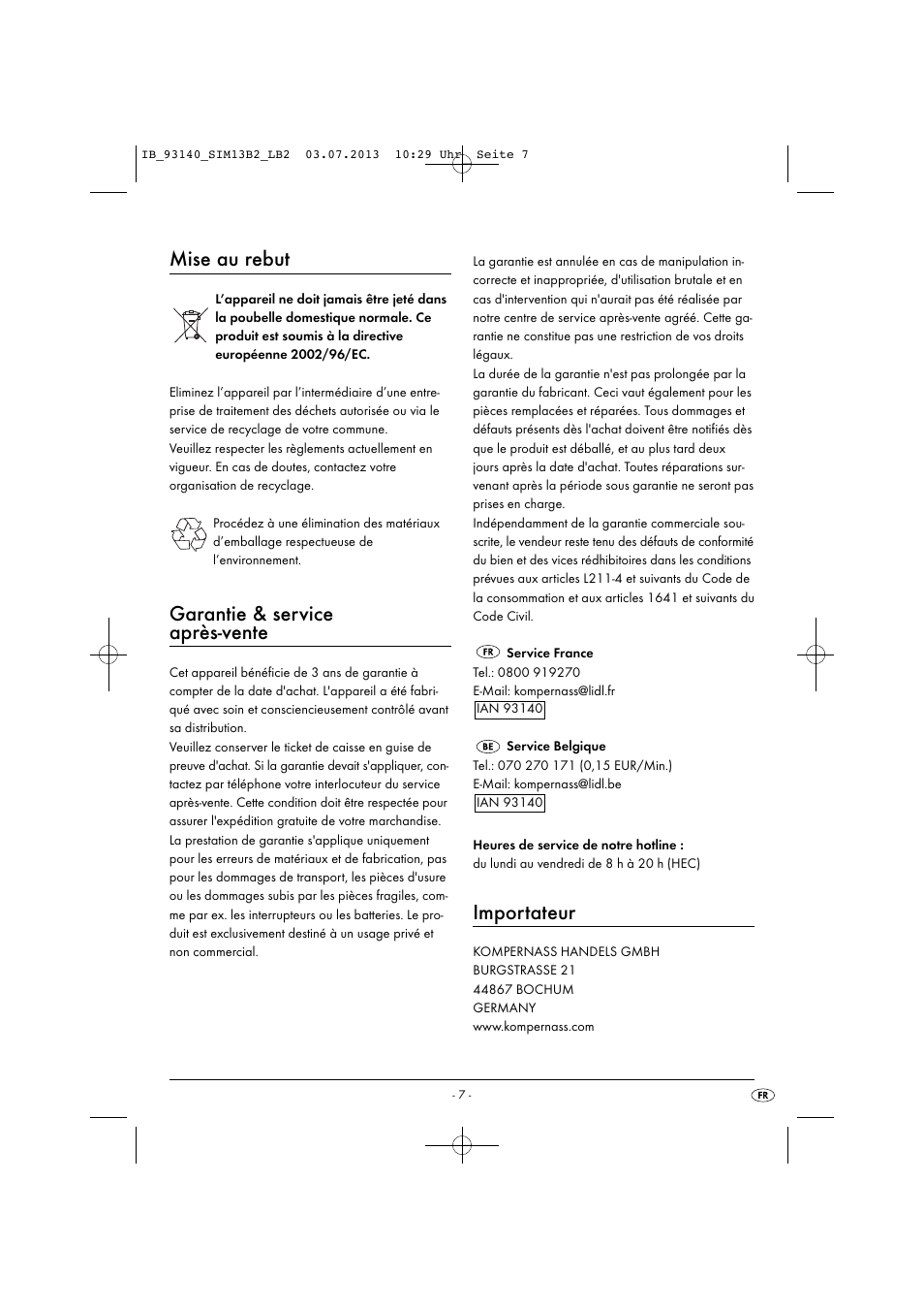 Mise au rebut, Garantie & service après-vente, Importateur | Silvercrest SIM 13 B2 User Manual | Page 10 / 27