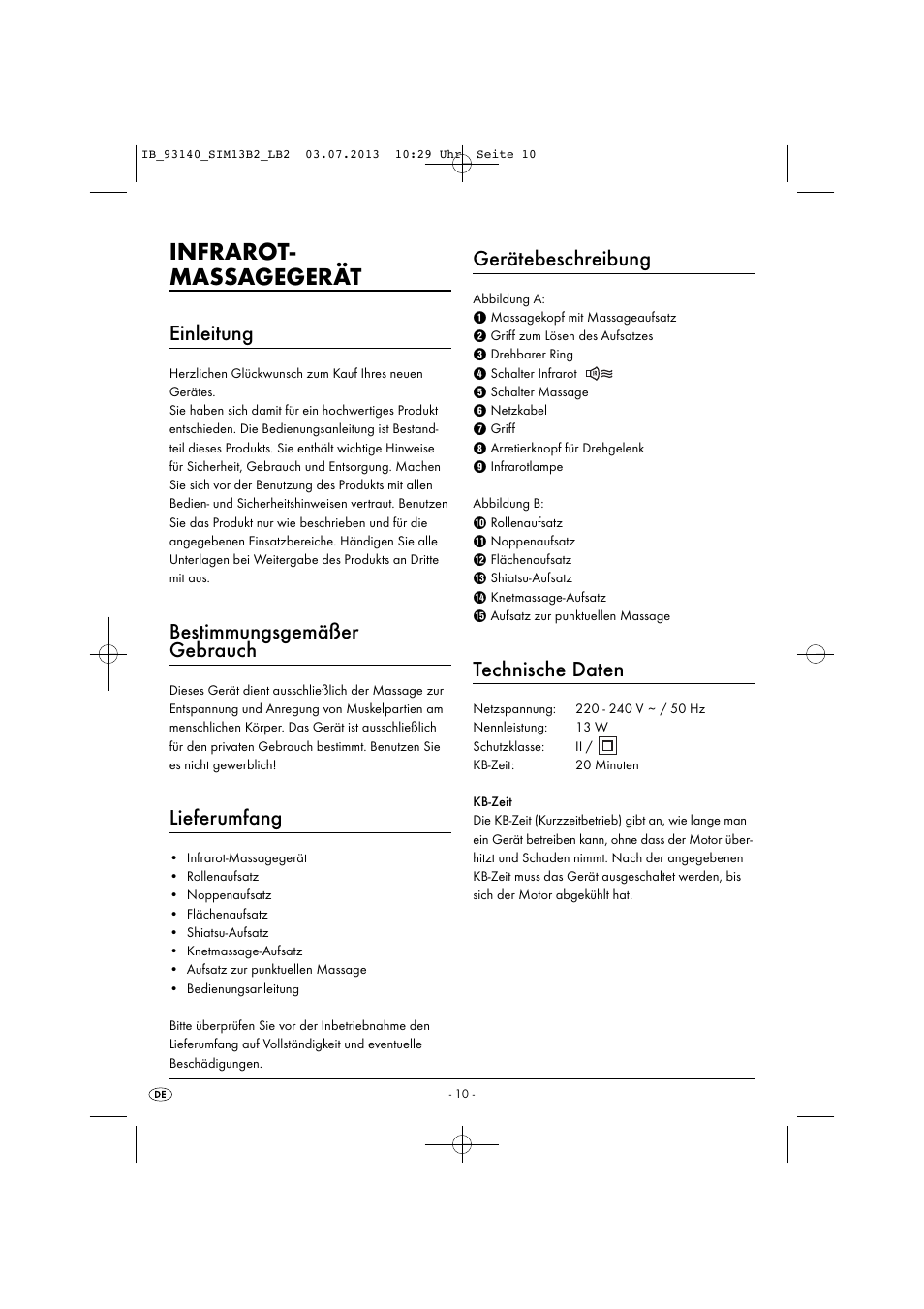 Infrarot- massagegerät, Einleitung, Bestimmungsgemäßer gebrauch | Lieferumfang, Gerätebeschreibung, Technische daten | Silvercrest SIM 13 B2 User Manual | Page 13 / 27