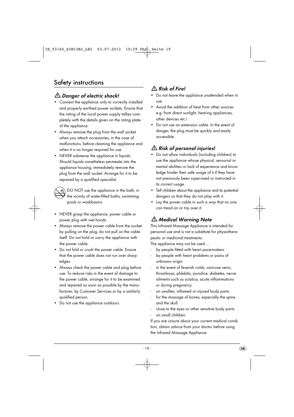 Safety instructions, Danger of electric shock, Risk of fire | Risk of personal injuries | Silvercrest SIM 13 B2 User Manual | Page 22 / 27