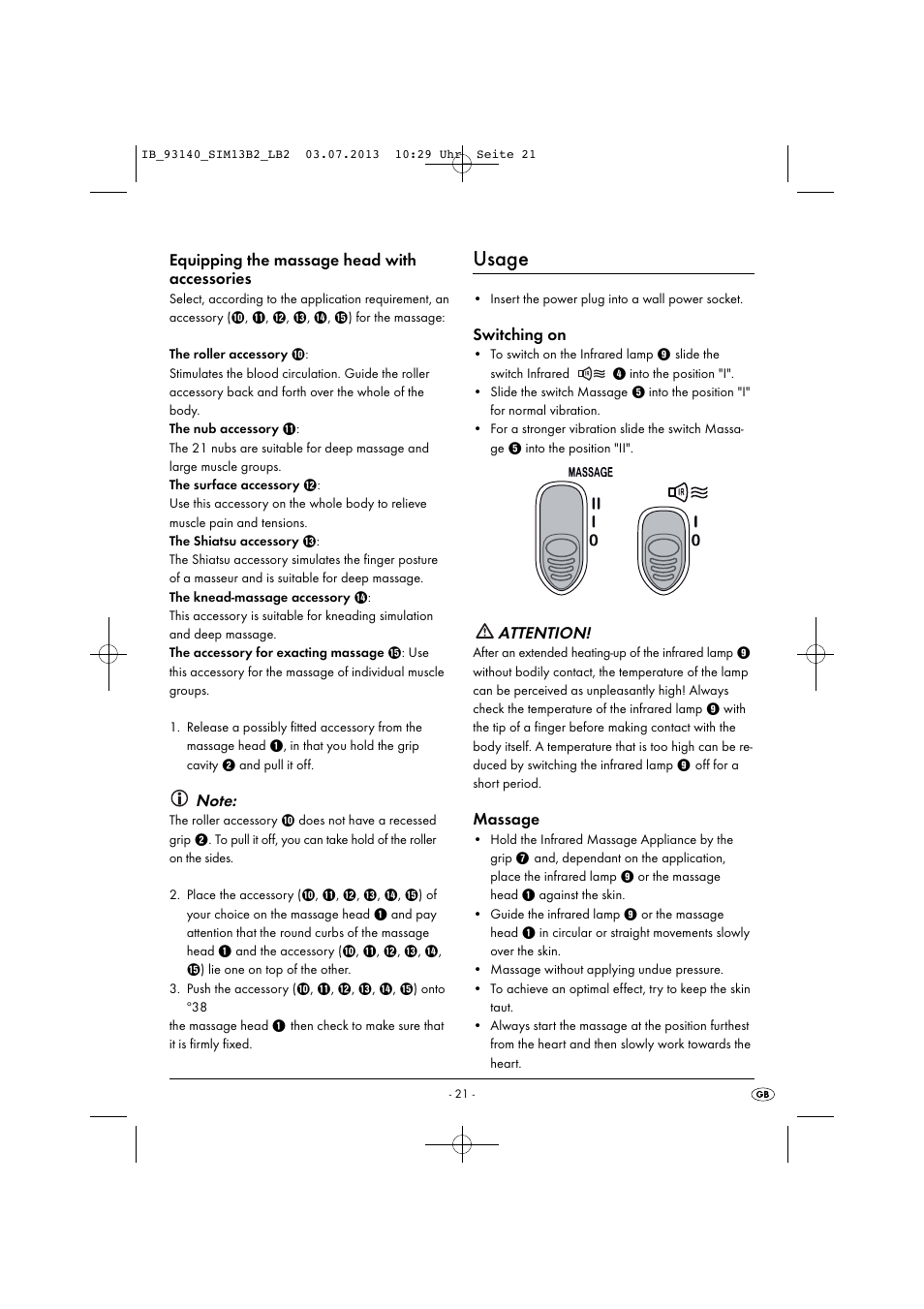 Usage, Equipping the massage head with accessories, Switching on | Attention, Massage | Silvercrest SIM 13 B2 User Manual | Page 24 / 27