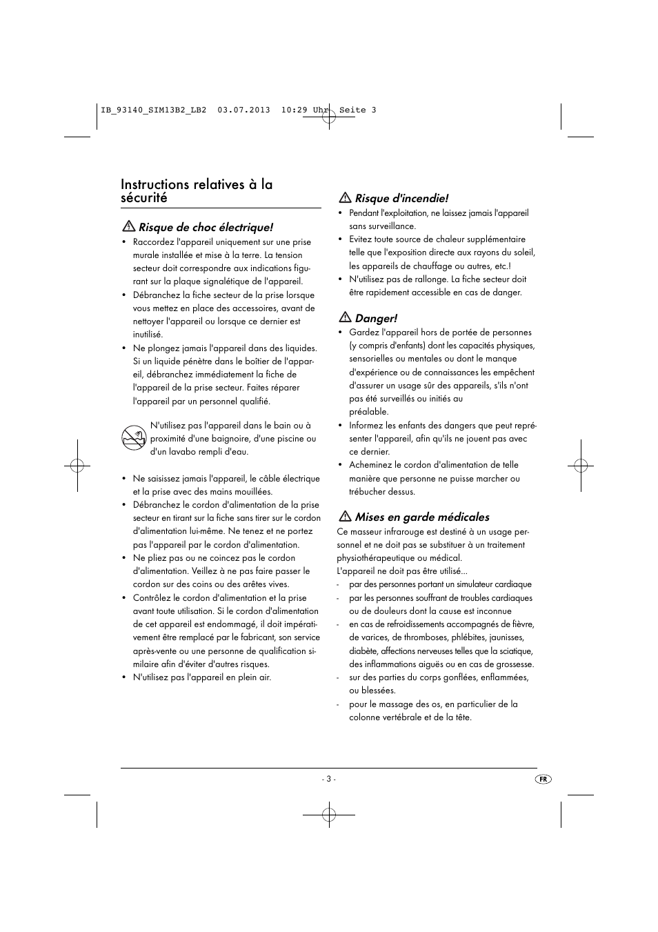 Instructions relatives à la sécurité, Risque de choc électrique, Risque d'incendie | Danger, Mises en garde médicales | Silvercrest SIM 13 B2 User Manual | Page 6 / 27