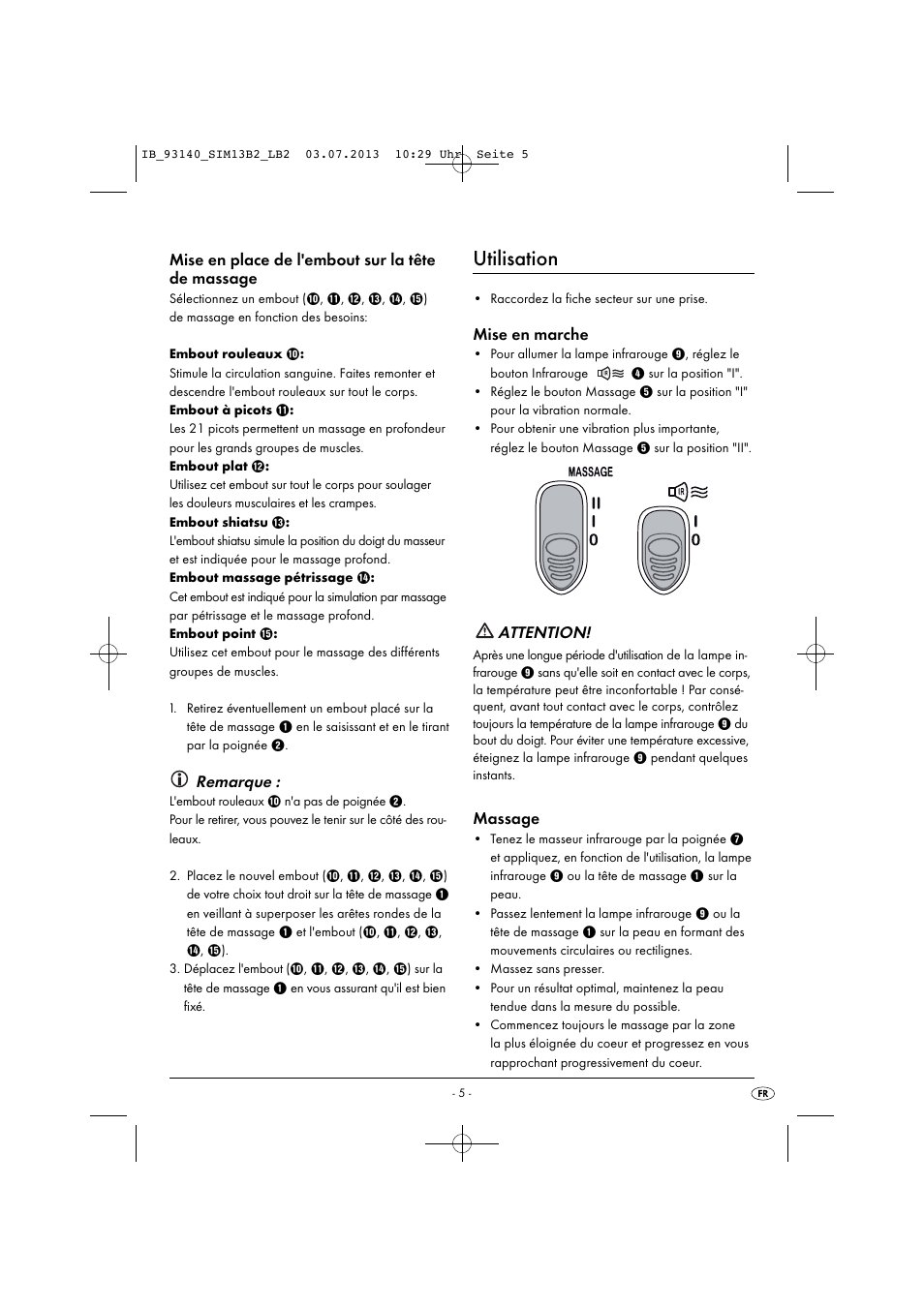 Utilisation, Mise en place de l'embout sur la tête de massage, Remarque | Mise en marche, Attention, Massage | Silvercrest SIM 13 B2 User Manual | Page 8 / 27