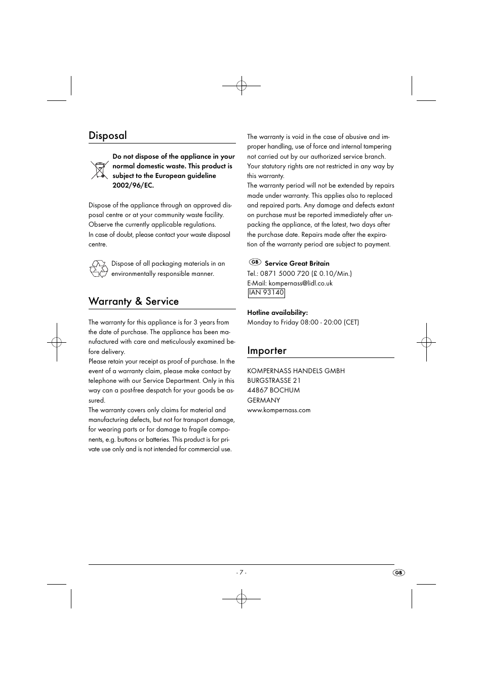 Disposal, Warranty & service, Importer | Silvercrest SIM 13 B2 User Manual | Page 10 / 59