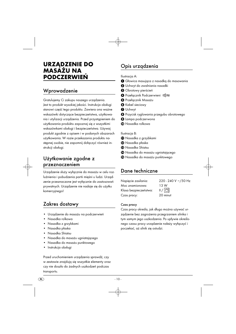 Urządzenie do masażu na podczerwień, Wprowadzenie, Użytkowanie zgodne z przeznaczeniem | Zakres dostawy, Opis urządzenia, Dane techniczne | Silvercrest SIM 13 B2 User Manual | Page 13 / 59