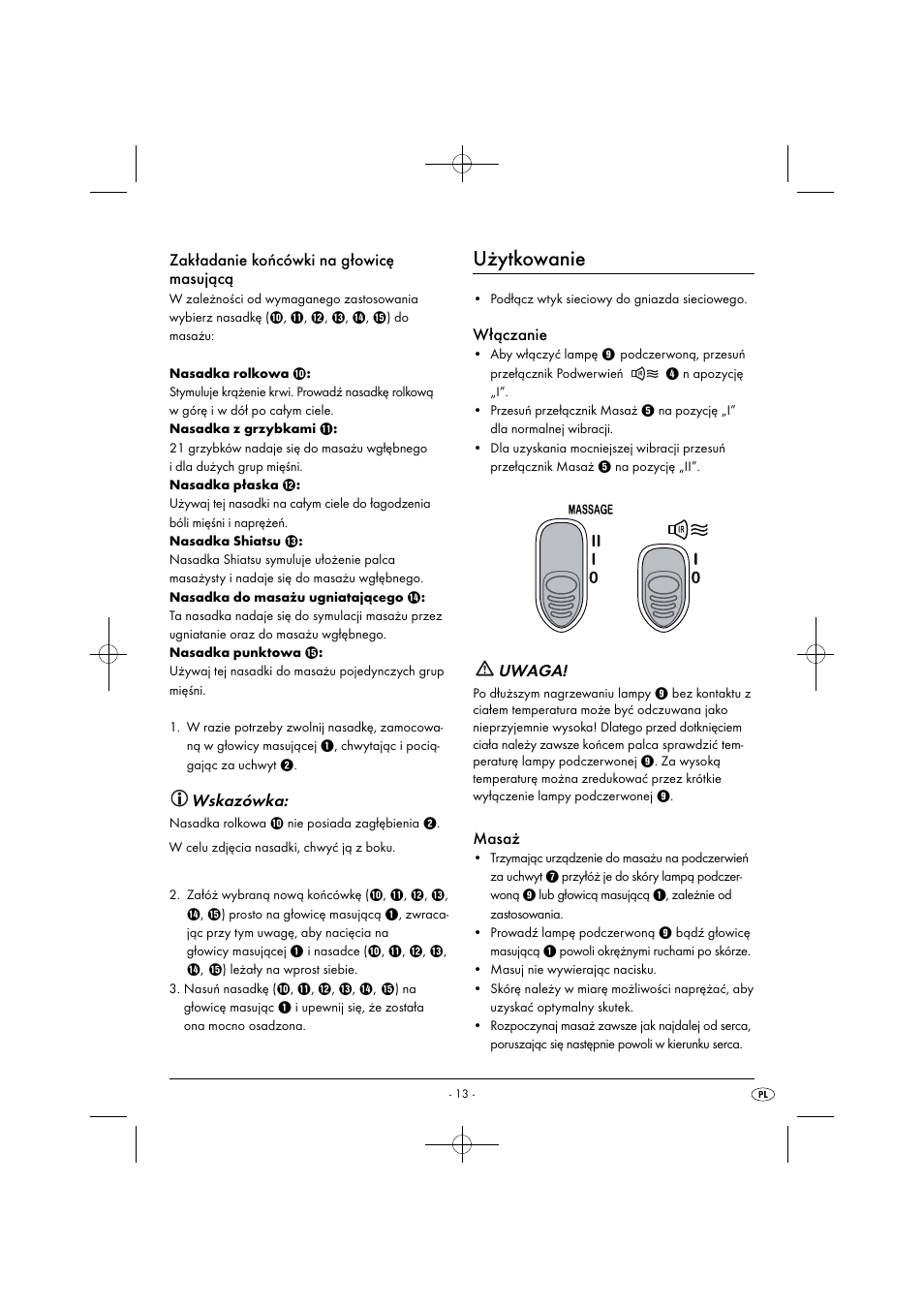 Użytkowanie, Zakładanie końcówki na głowicę masującą, Wskazówka | Włączanie, Uwaga, Masaż | Silvercrest SIM 13 B2 User Manual | Page 16 / 59