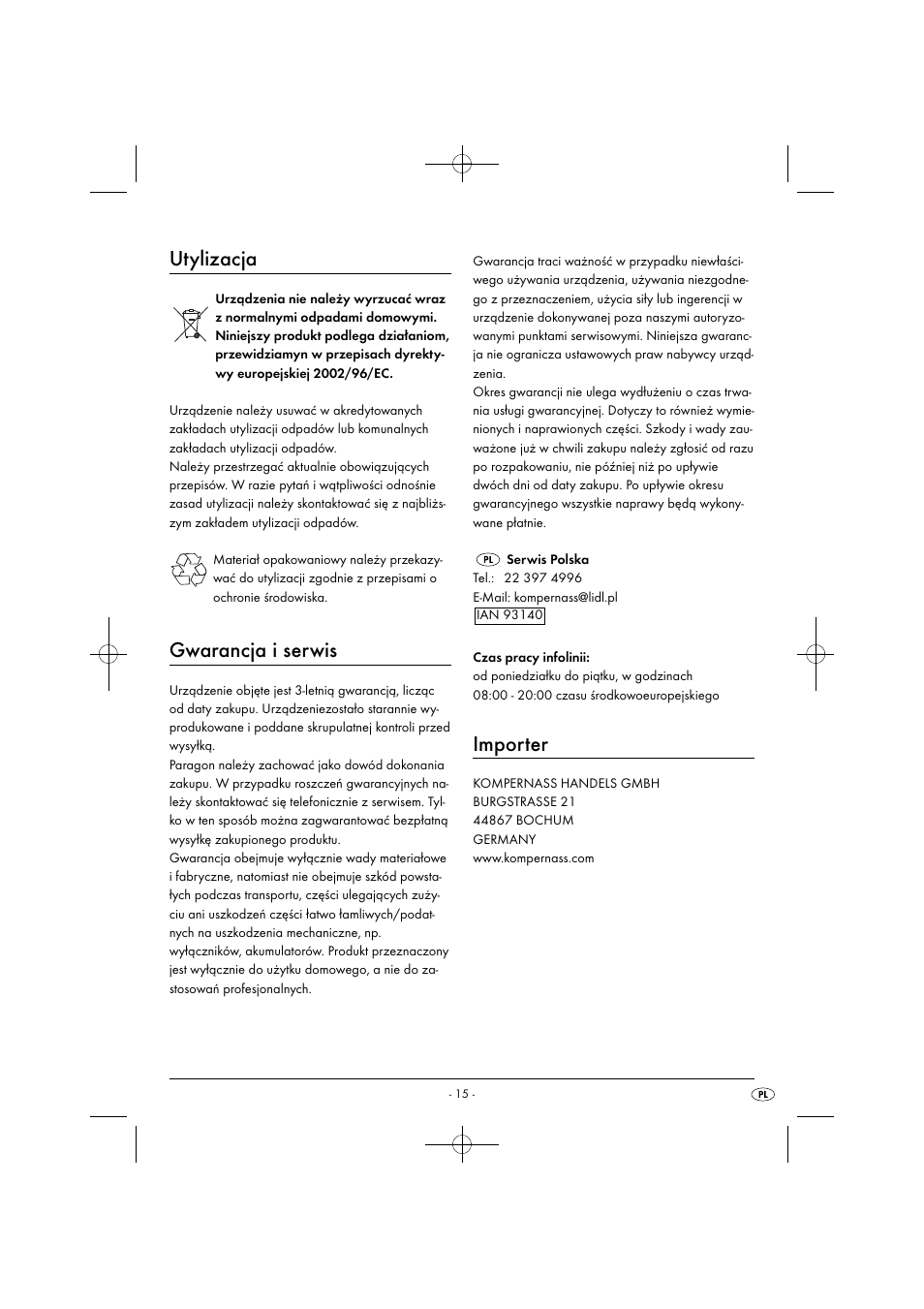 Utylizacja, Gwarancja i serwis, Importer | Silvercrest SIM 13 B2 User Manual | Page 18 / 59