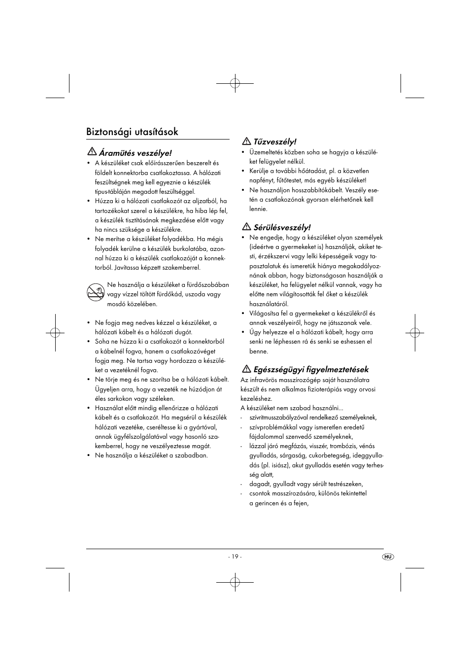 Biztonsági utasítások, Áramütés veszélye, Tűzveszély | Sérülésveszély, Egészségügyi figyelmeztetések | Silvercrest SIM 13 B2 User Manual | Page 22 / 59
