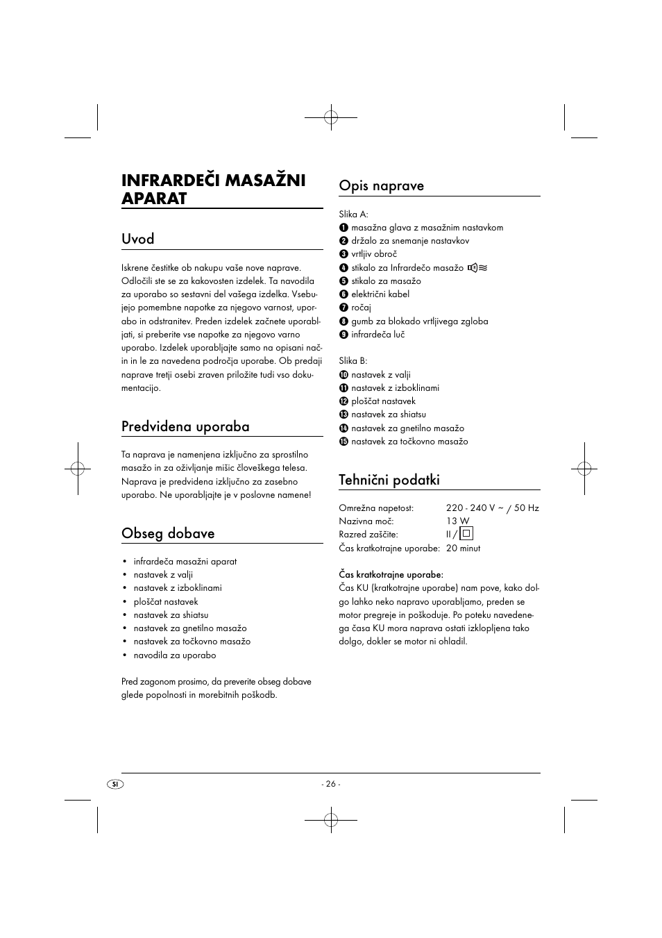 Infrardeči masažni aparat, Uvod, Predvidena uporaba | Obseg dobave, Opis naprave, Tehnični podatki | Silvercrest SIM 13 B2 User Manual | Page 29 / 59