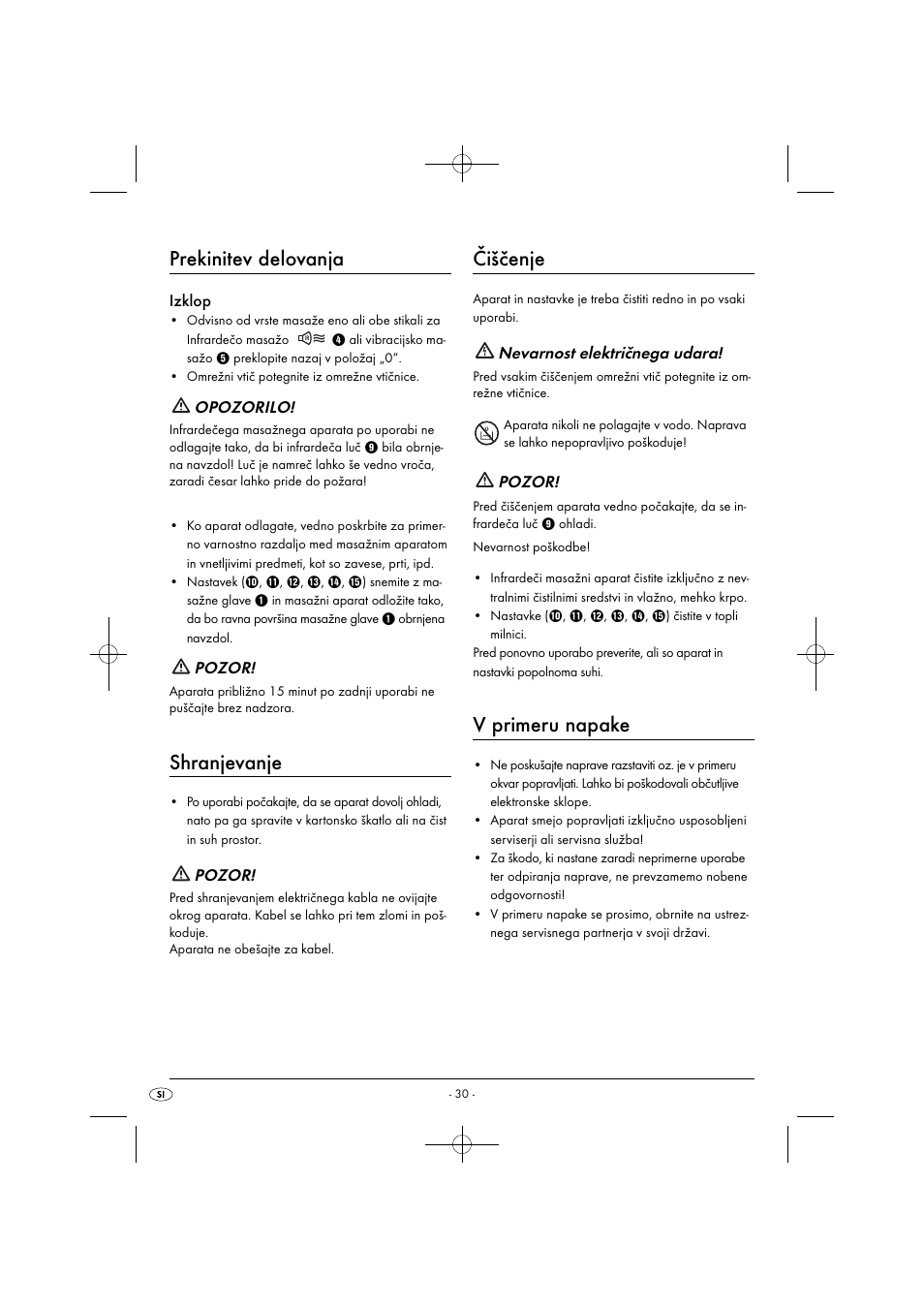 Prekinitev delovanja, Shranjevanje, Čiščenje | V primeru napake, Izklop, Opozorilo, Pozor, Nevarnost električnega udara | Silvercrest SIM 13 B2 User Manual | Page 33 / 59