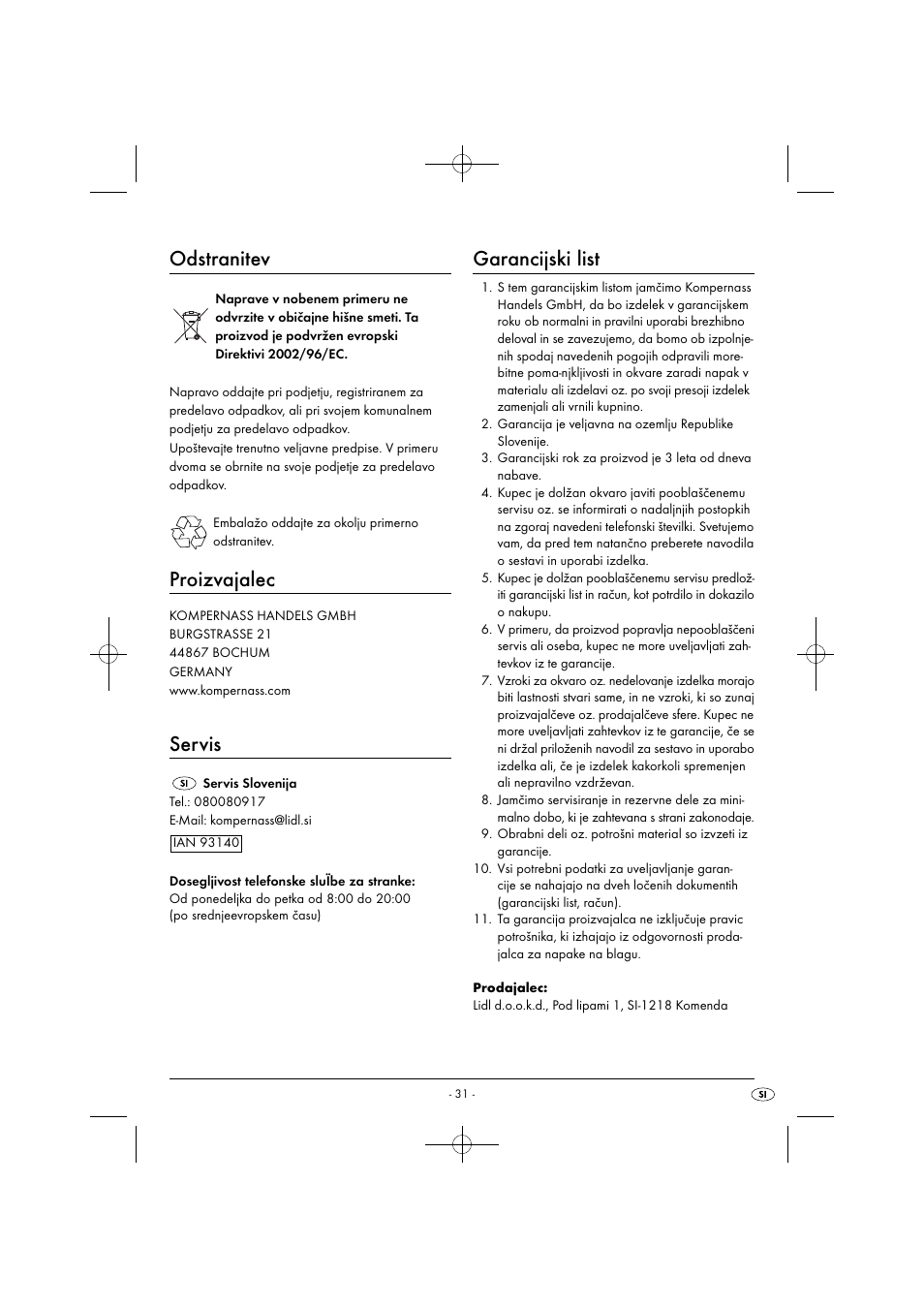 Odstranitev, Proizvajalec, Servis | Garancijski list | Silvercrest SIM 13 B2 User Manual | Page 34 / 59