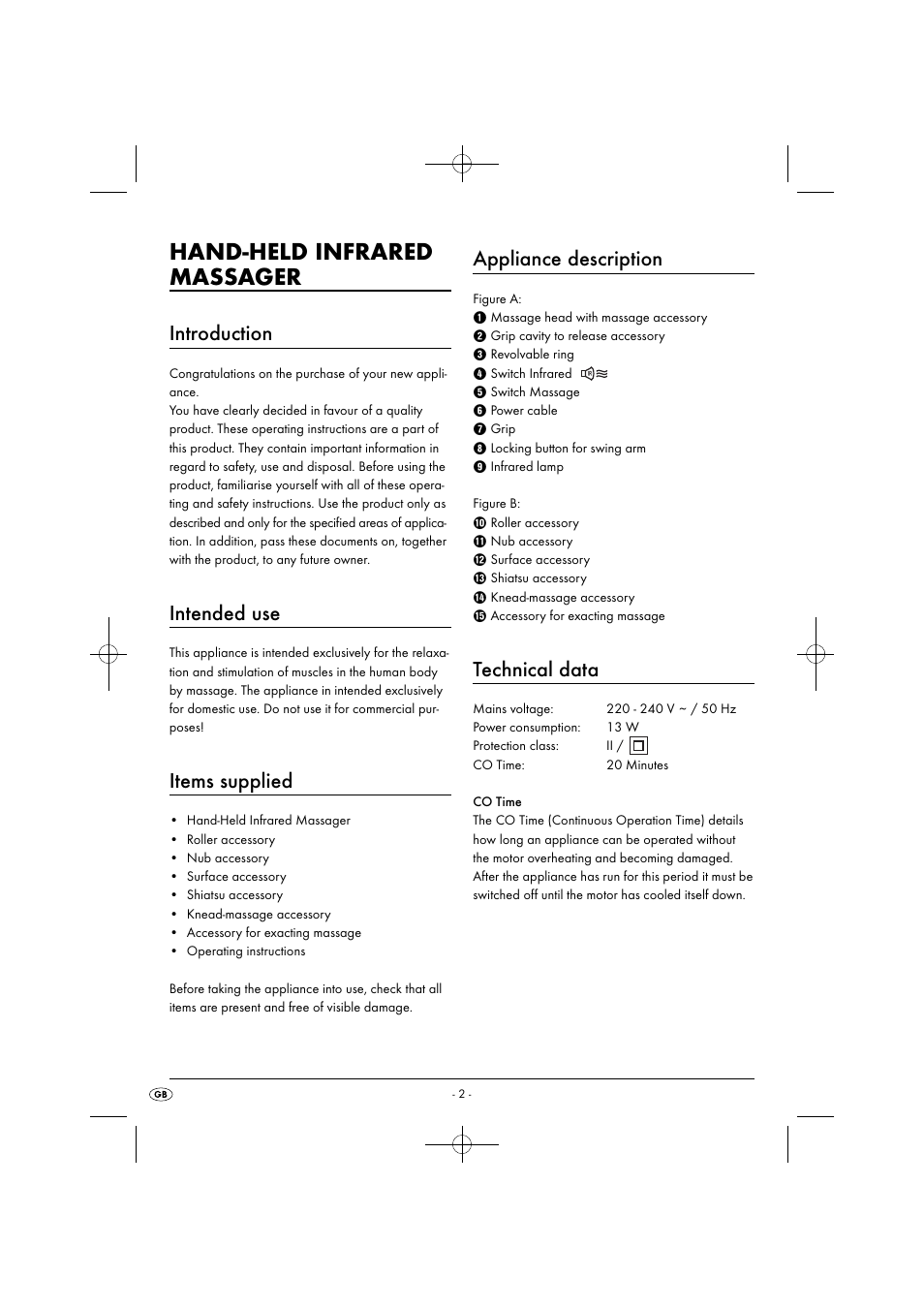 Hand-held infrared massager, Introduction, Intended use | Items supplied, Appliance description, Technical data | Silvercrest SIM 13 B2 User Manual | Page 5 / 59