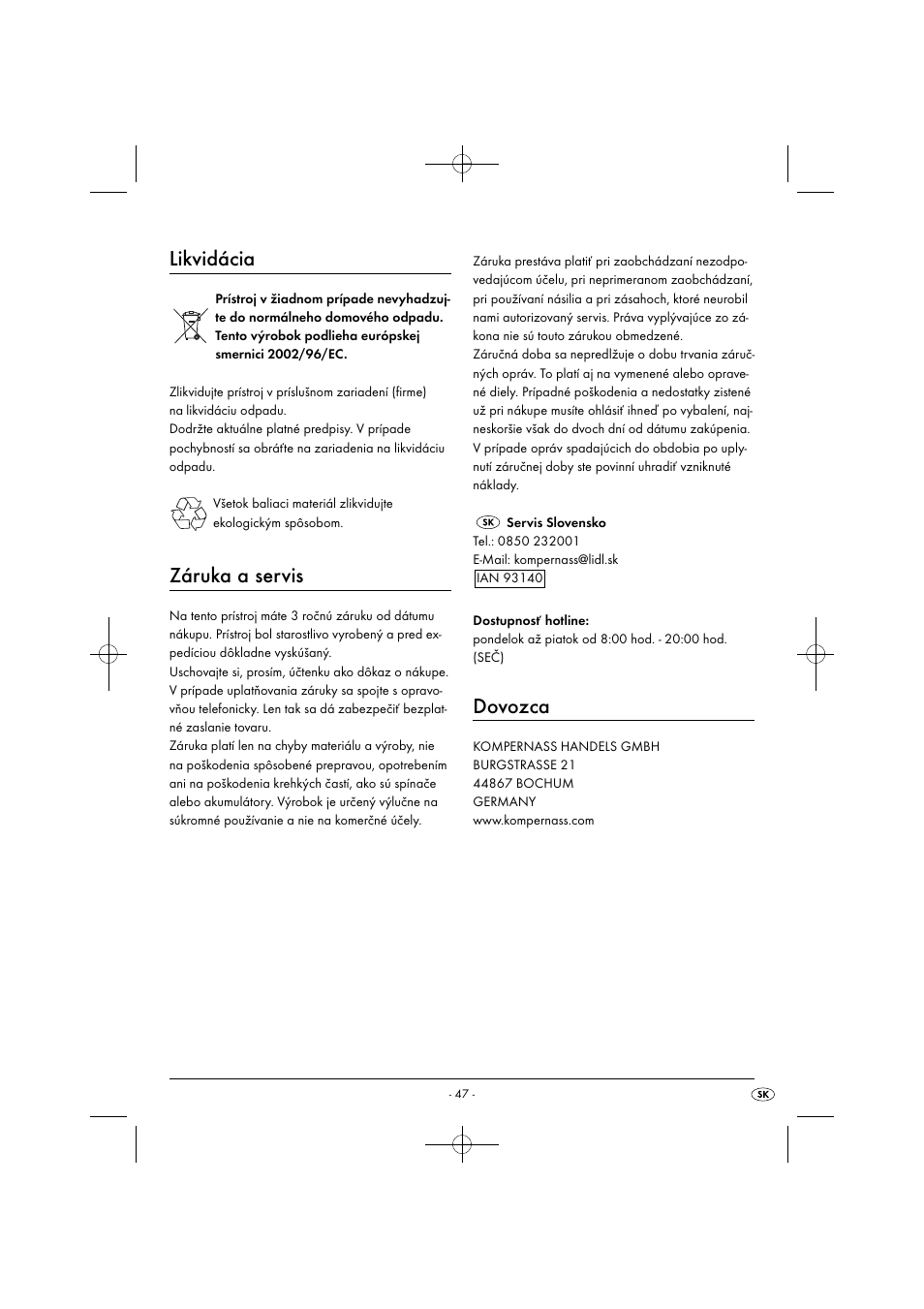 Likvidácia, Záruka a servis, Dovozca | Silvercrest SIM 13 B2 User Manual | Page 50 / 59