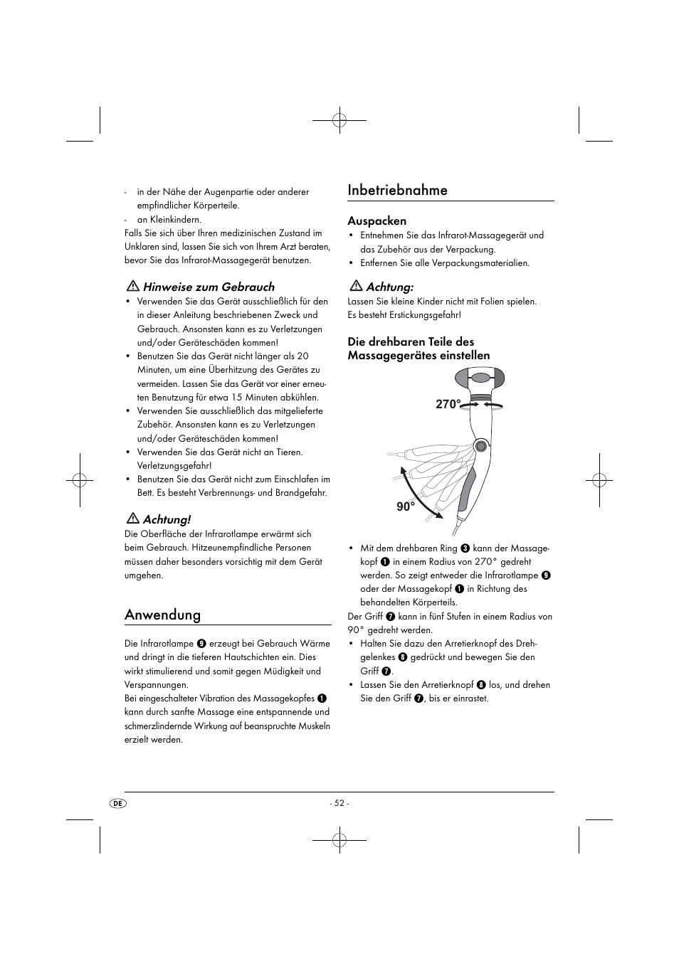 Anwendung, Inbetriebnahme, Hinweise zum gebrauch | Achtung, Auspacken, Die drehbaren teile des massagegerätes einstellen | Silvercrest SIM 13 B2 User Manual | Page 55 / 59
