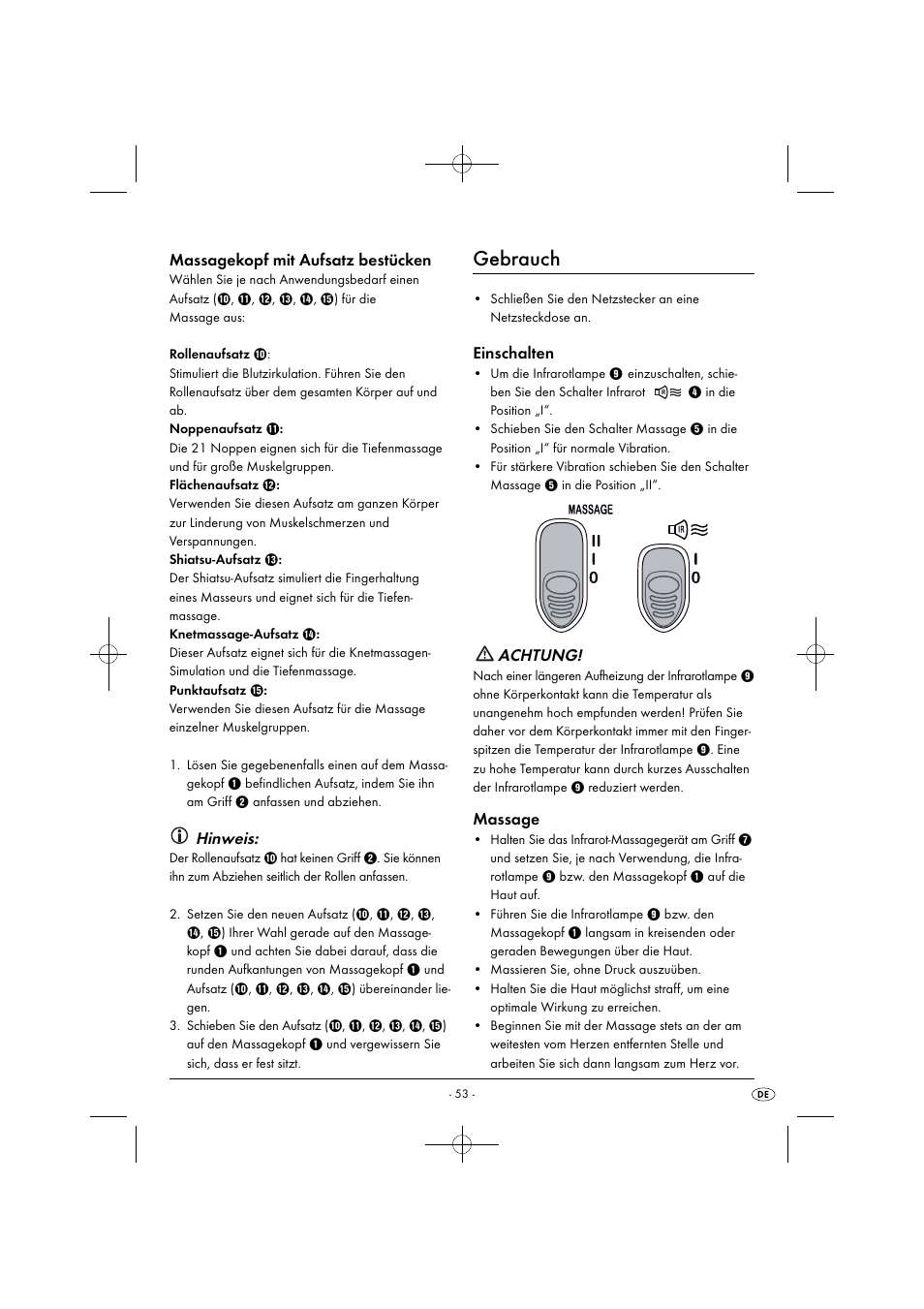 Gebrauch, Massagekopf mit aufsatz bestücken, Hinweis | Einschalten, Achtung, Massage | Silvercrest SIM 13 B2 User Manual | Page 56 / 59