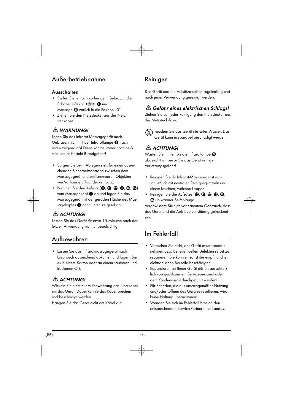 Außerbetriebnahme, Aufbewahren, Reinigen | Im fehlerfall, Ausschalten, Warnung, Achtung, Gefahr eines elektrischen schlags | Silvercrest SIM 13 B2 User Manual | Page 57 / 59