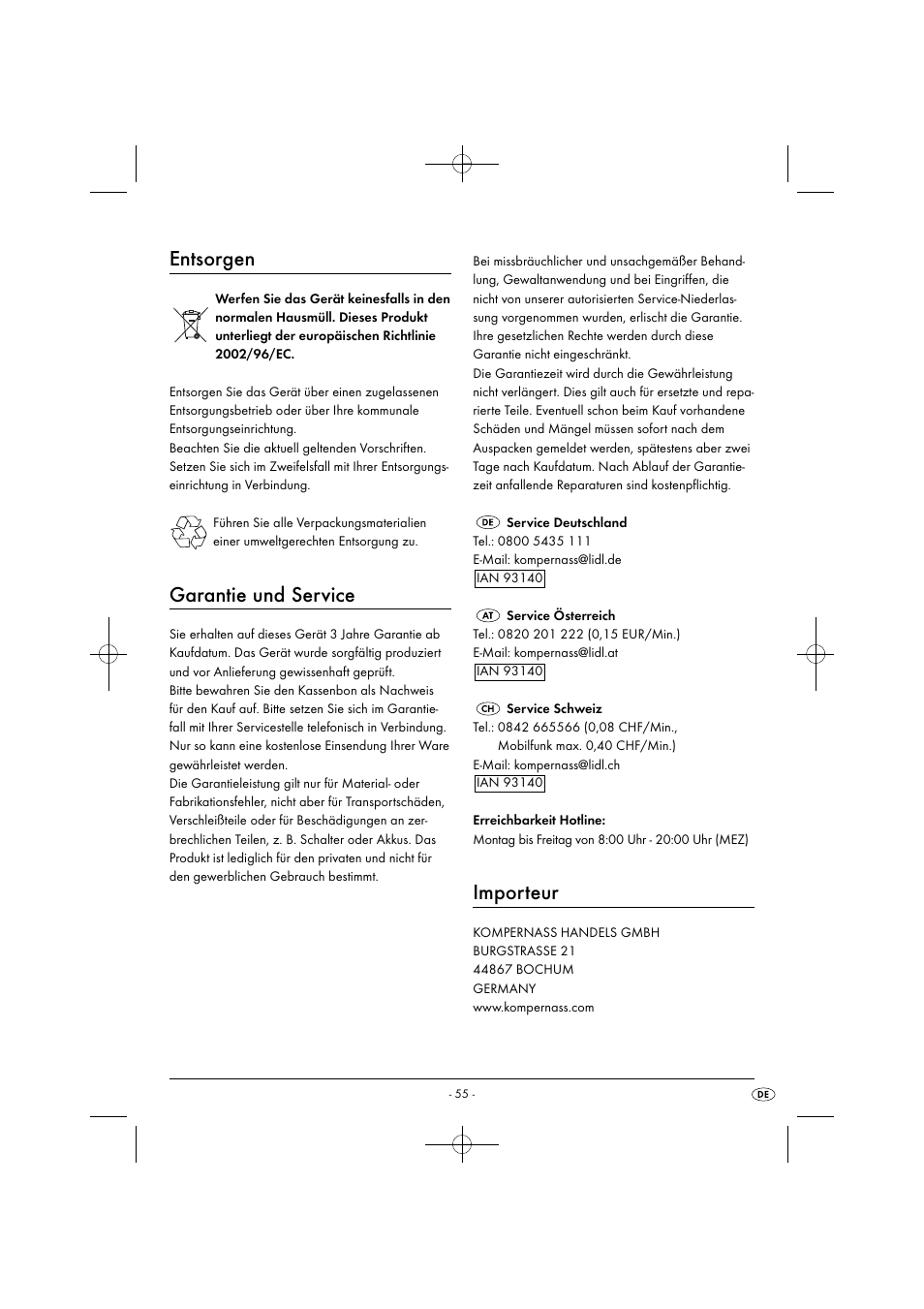 Entsorgen, Garantie und service, Importeur | Silvercrest SIM 13 B2 User Manual | Page 58 / 59