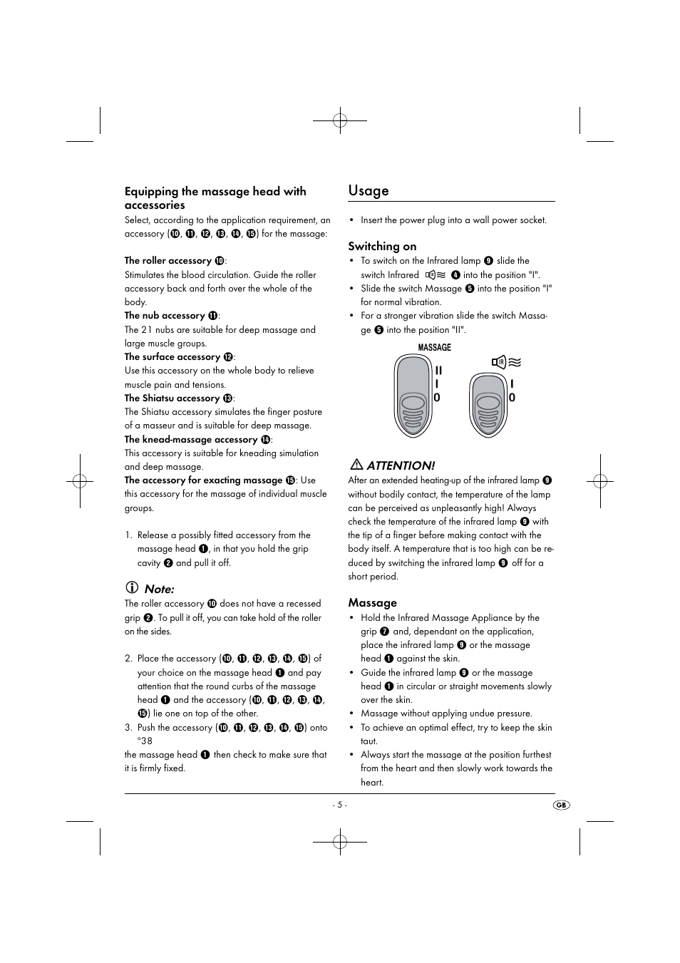 Usage, Equipping the massage head with accessories, Switching on | Attention, Massage | Silvercrest SIM 13 B2 User Manual | Page 8 / 59